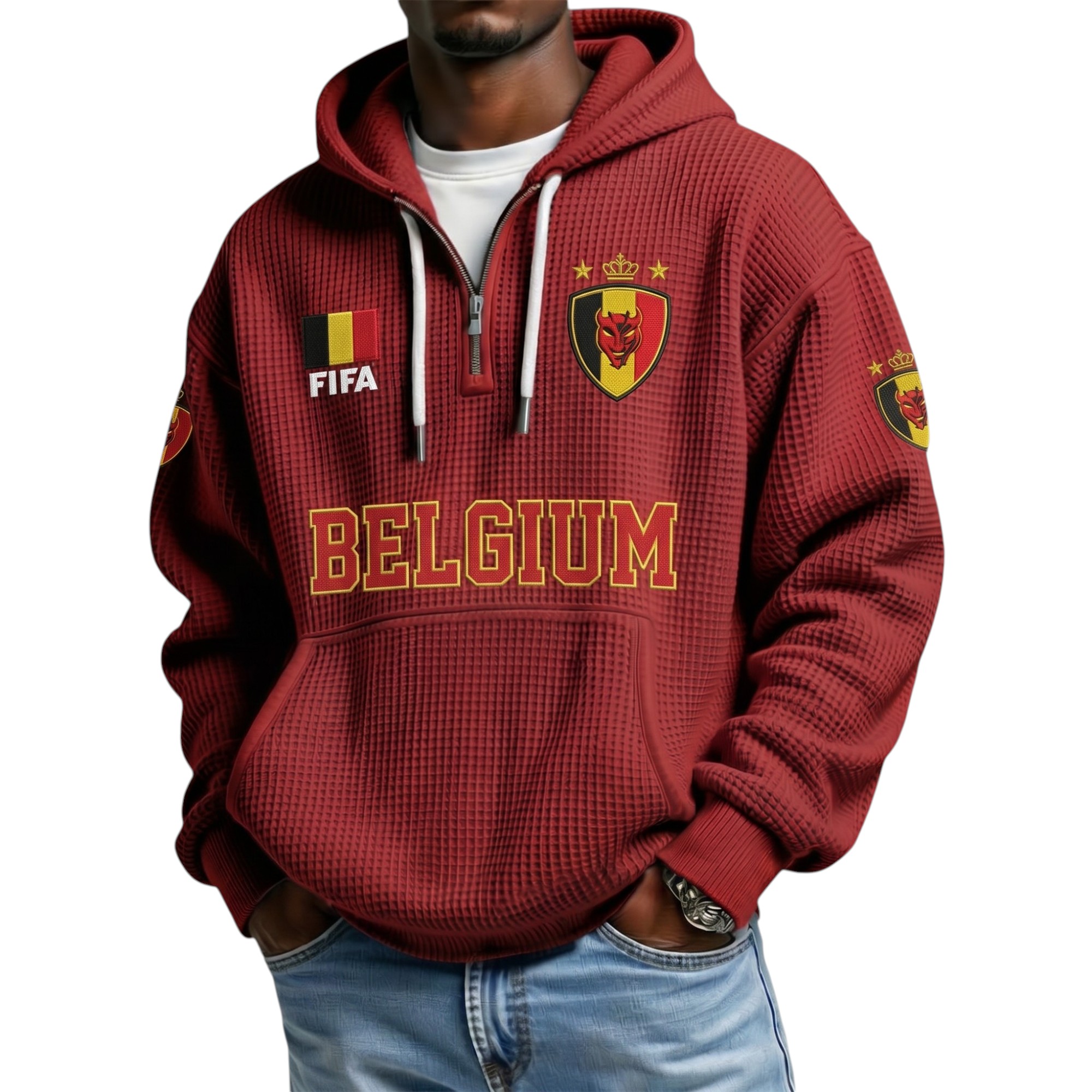 FIFA 2026 Belgium Printed Waffle Quarter Zip Football Fan Hoodie