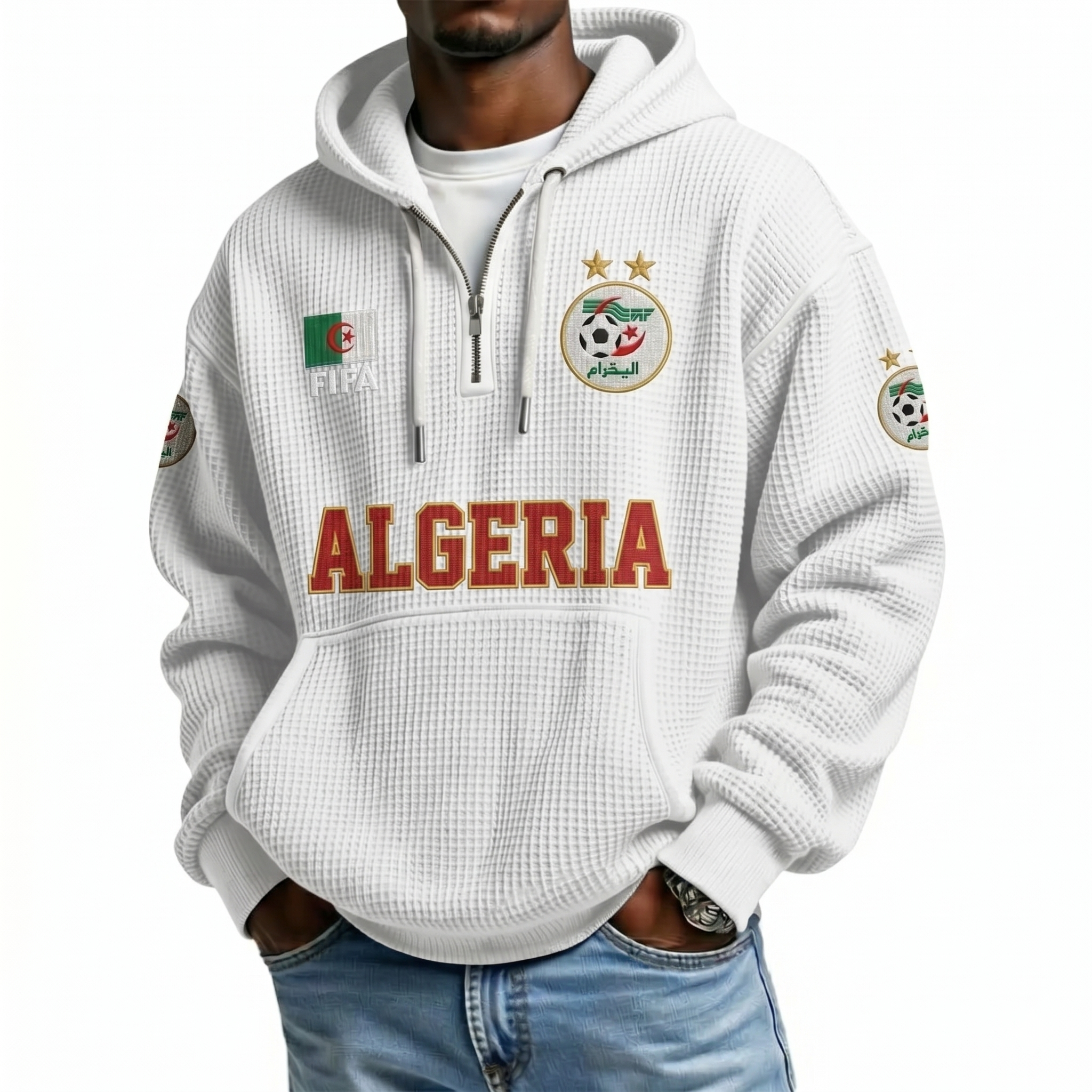 FIFA 2026 Algeria Printed Waffle Quarter Zip Football Fan Hoodie