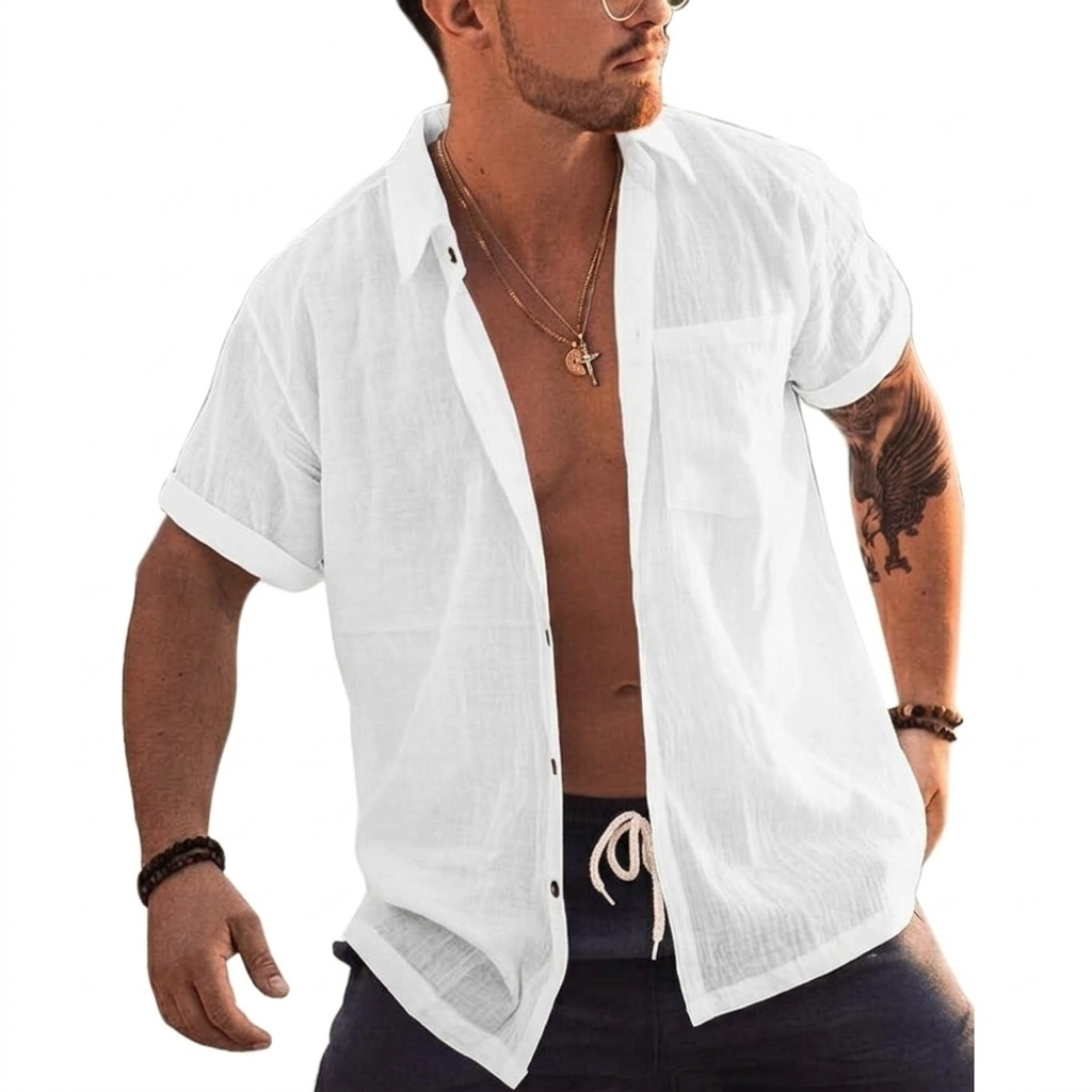Short Sleeve Button Up Summer Shirt With Pocket For Men