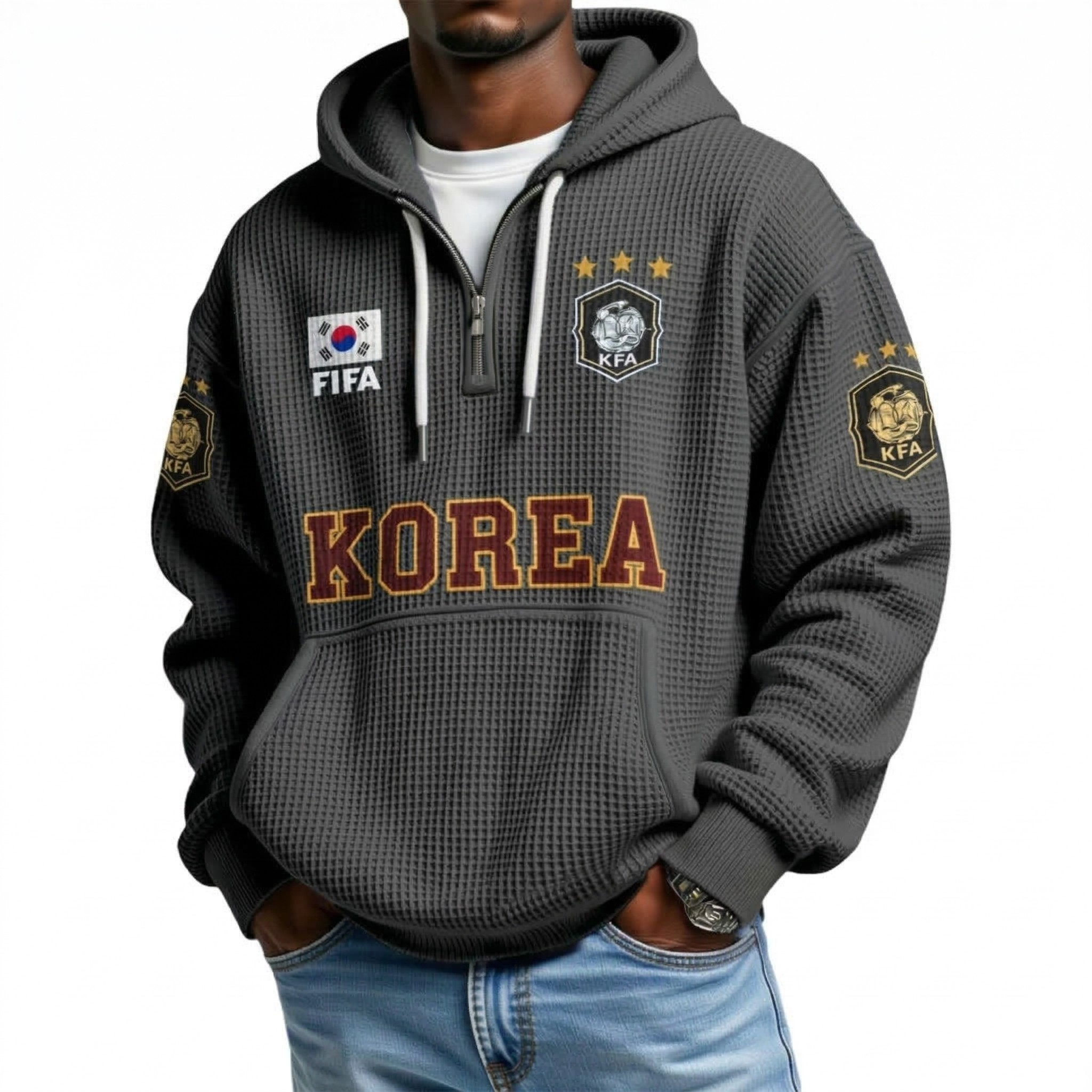 FIFA 2026 South Korea Printed Waffle Quarter Zip Football Fan Hoodie