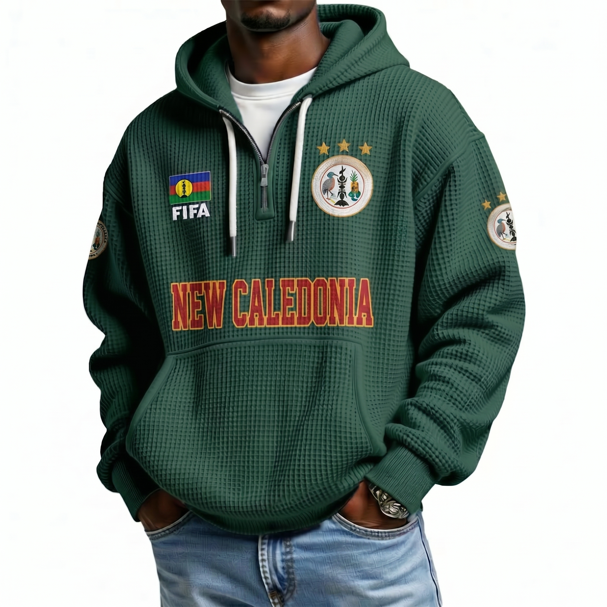 FIFA 2026 New Caledonia Printed Waffle Quarter Zip Football Fan Hoodie