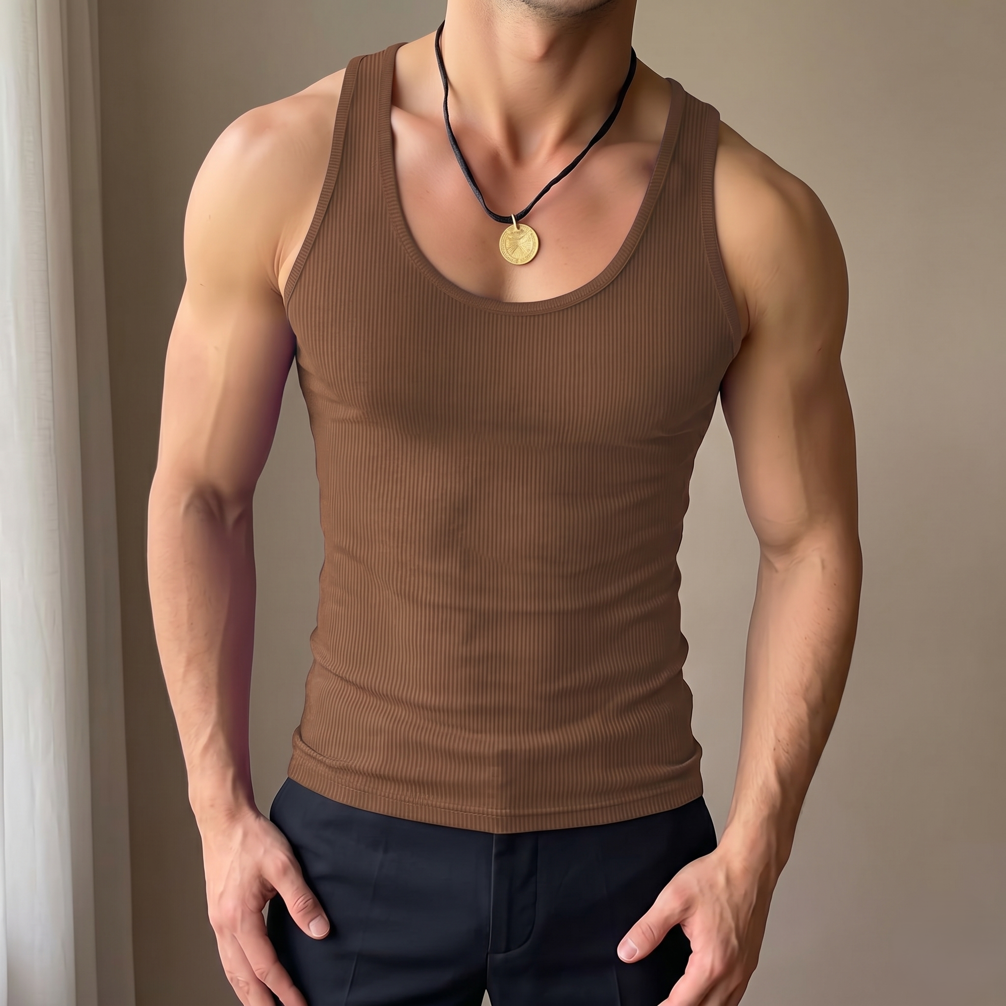 Solid Color Ribbed Round Casual Vest For Men