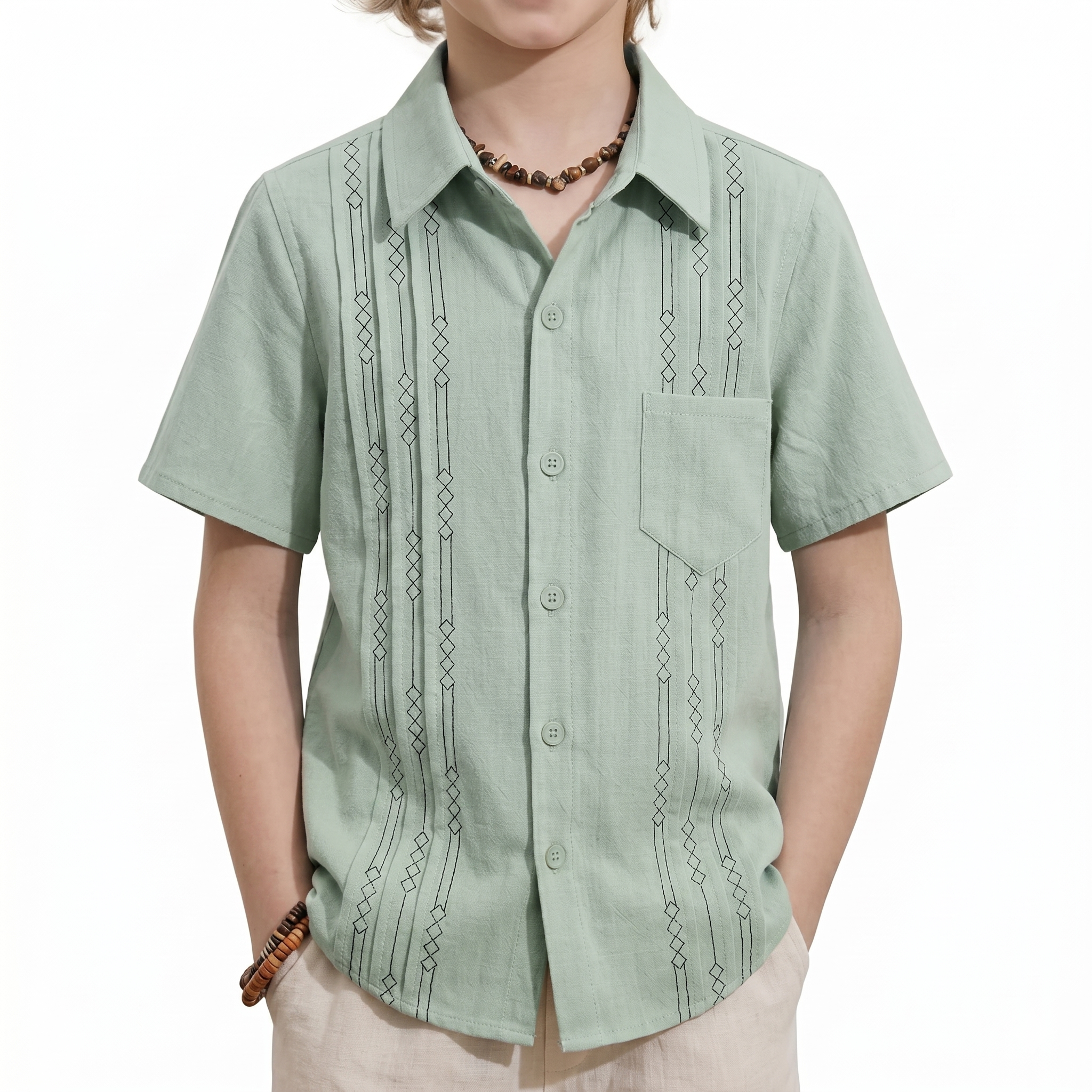 Summer Beach Shirt With Guayabera Design And Pocket For Boys
