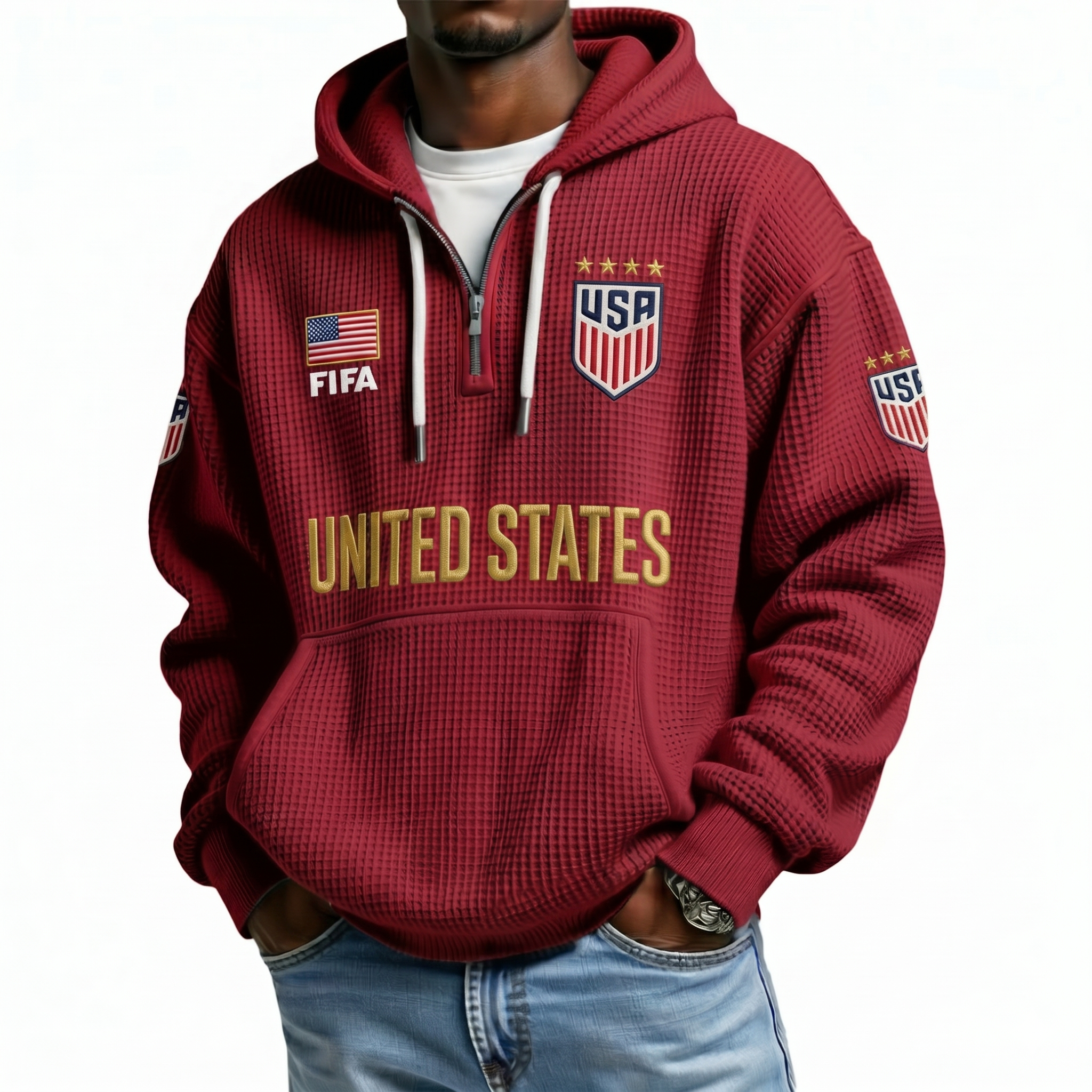 FIFA 2026 United States Printed Waffle Quarter Zip Football Fan Hoodie