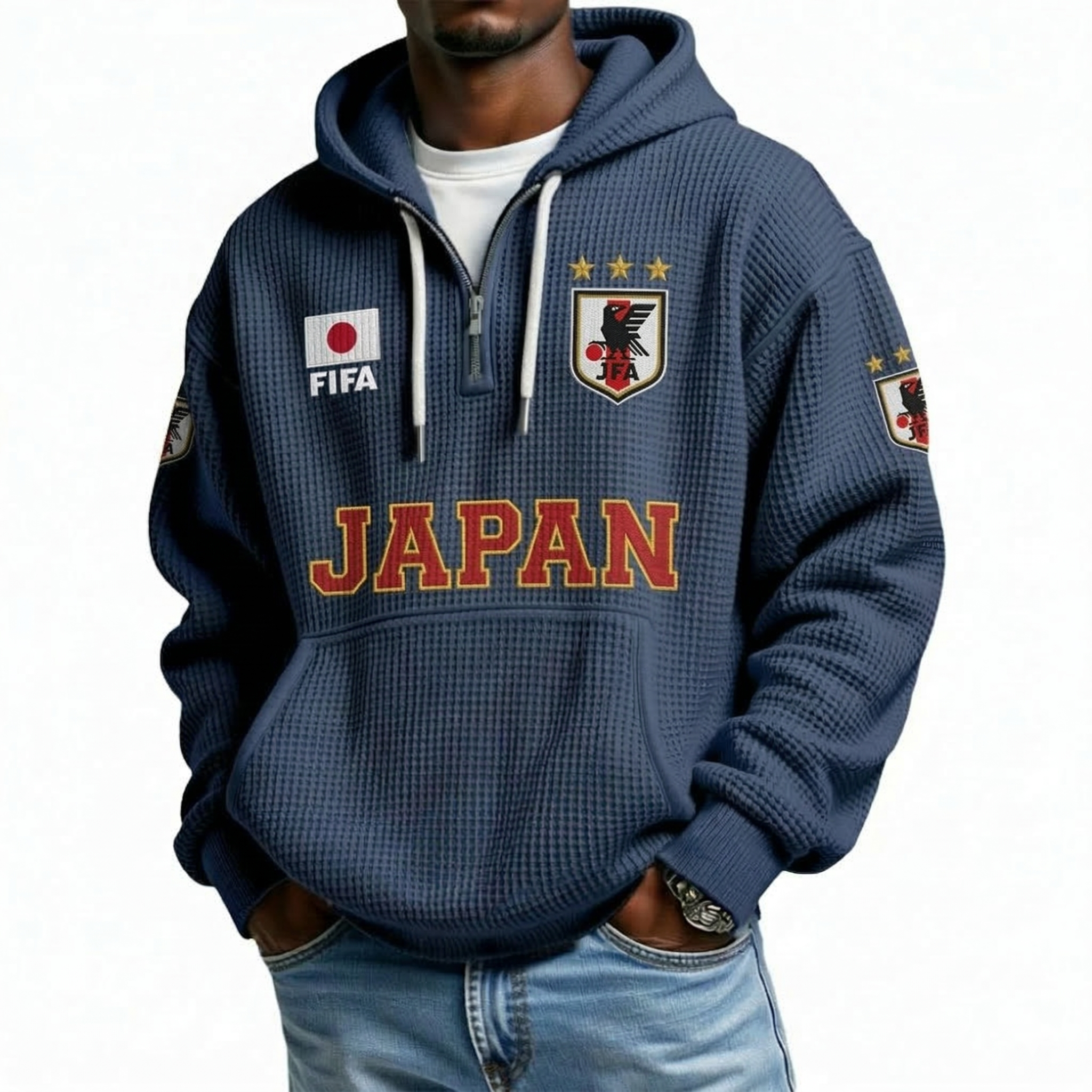 FIFA 2026 Japan Printed Waffle Quarter Zip Football Fan Hoodie