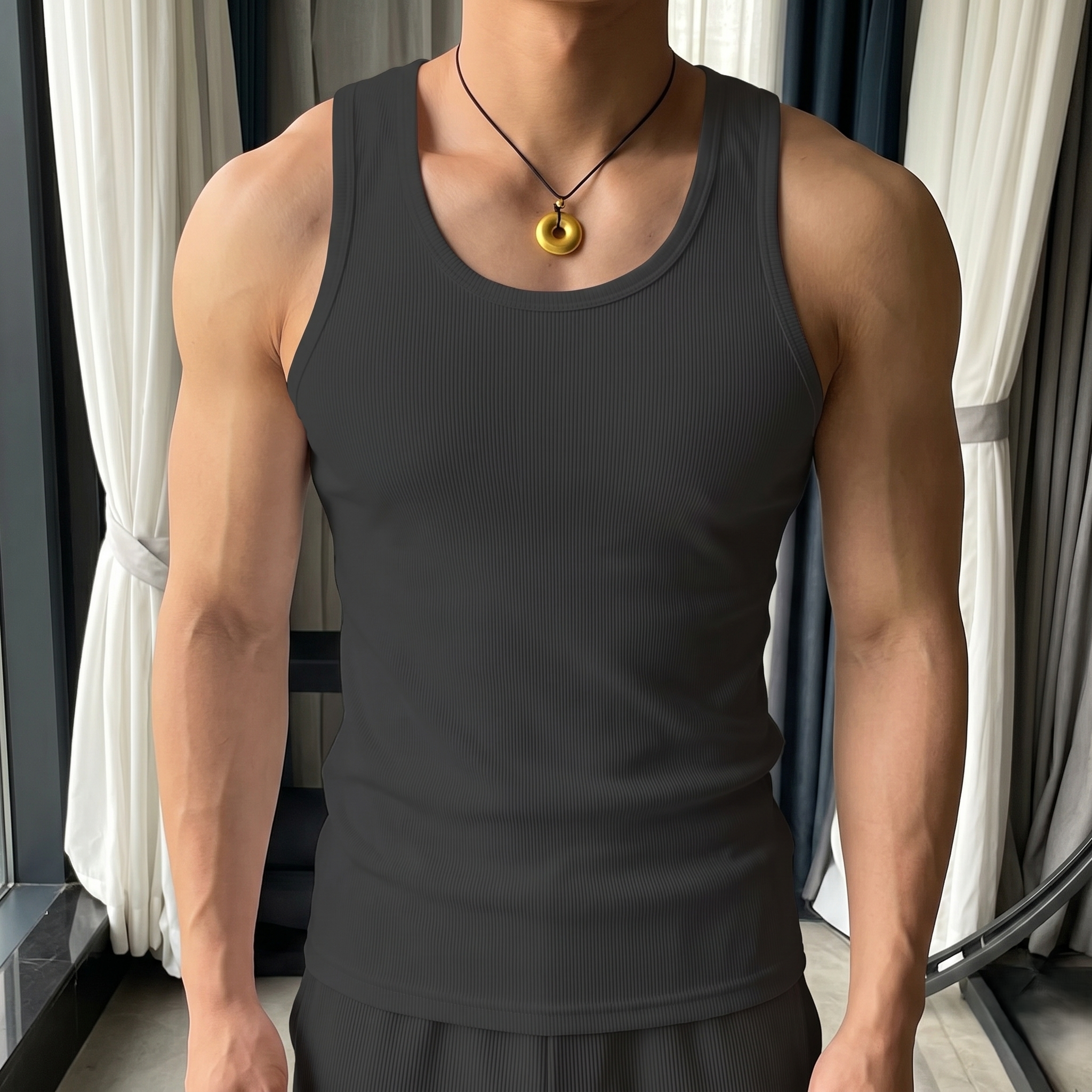 Solid Color Ribbed Round Casual Vest For Men