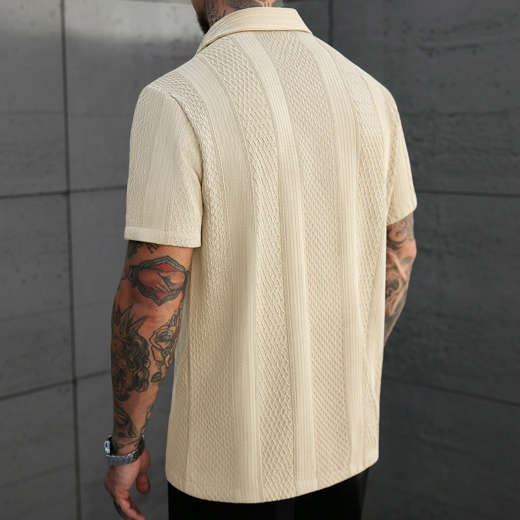 Solid Color Jacquard Knit Short Sleeve Button Front Shirt For Men