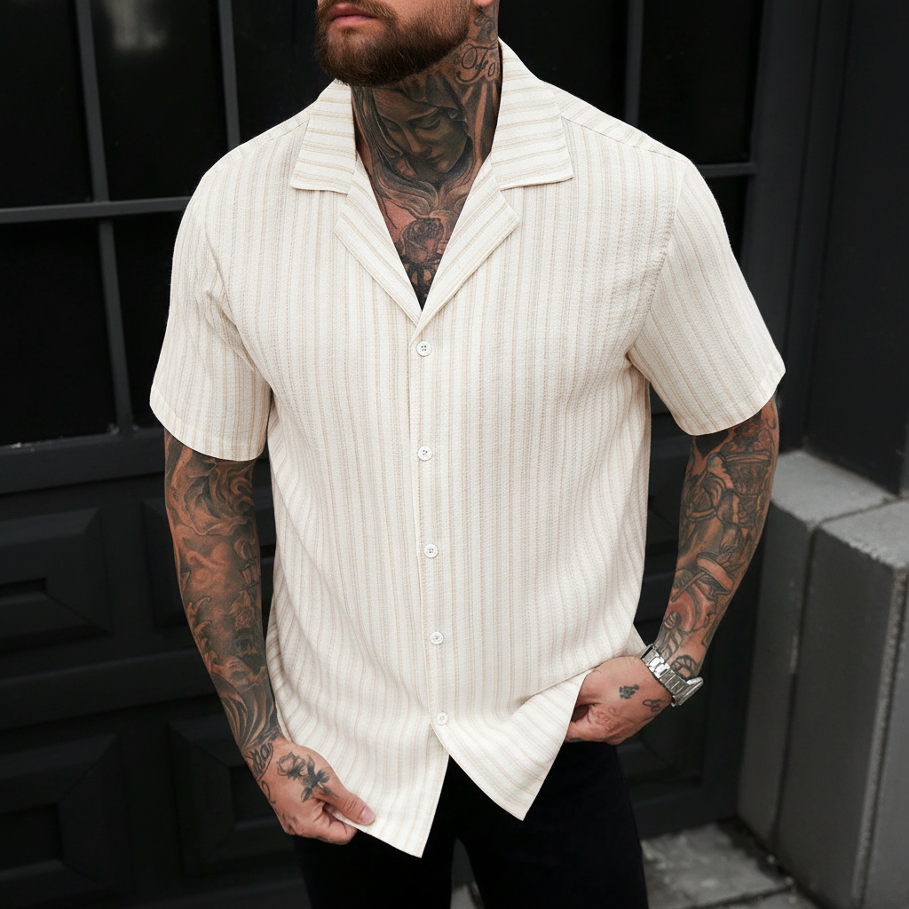 Solid Color Jacquard Knit Short Sleeve Button Front Shirt For Men