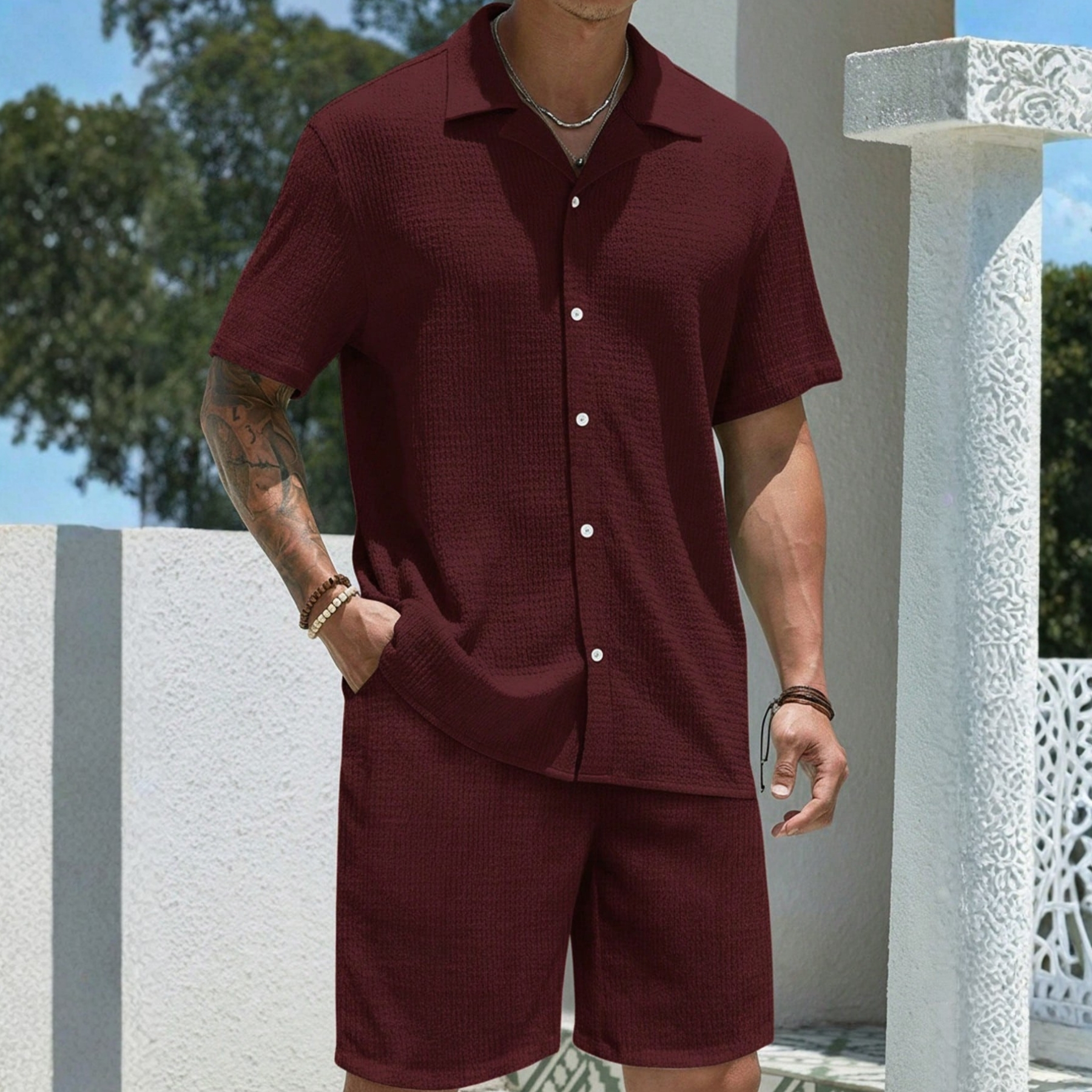 Jacquard Loose Fit Short Sleeve Shirt And Shorts For Men