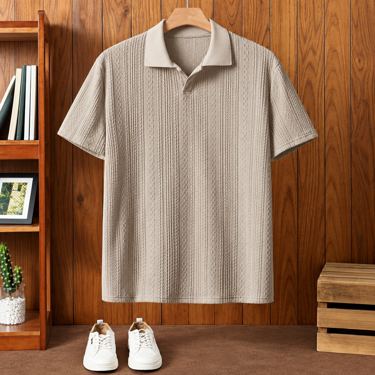 Textured Knit Johnny Collar Polo Shirt With Short Sleeves For Men