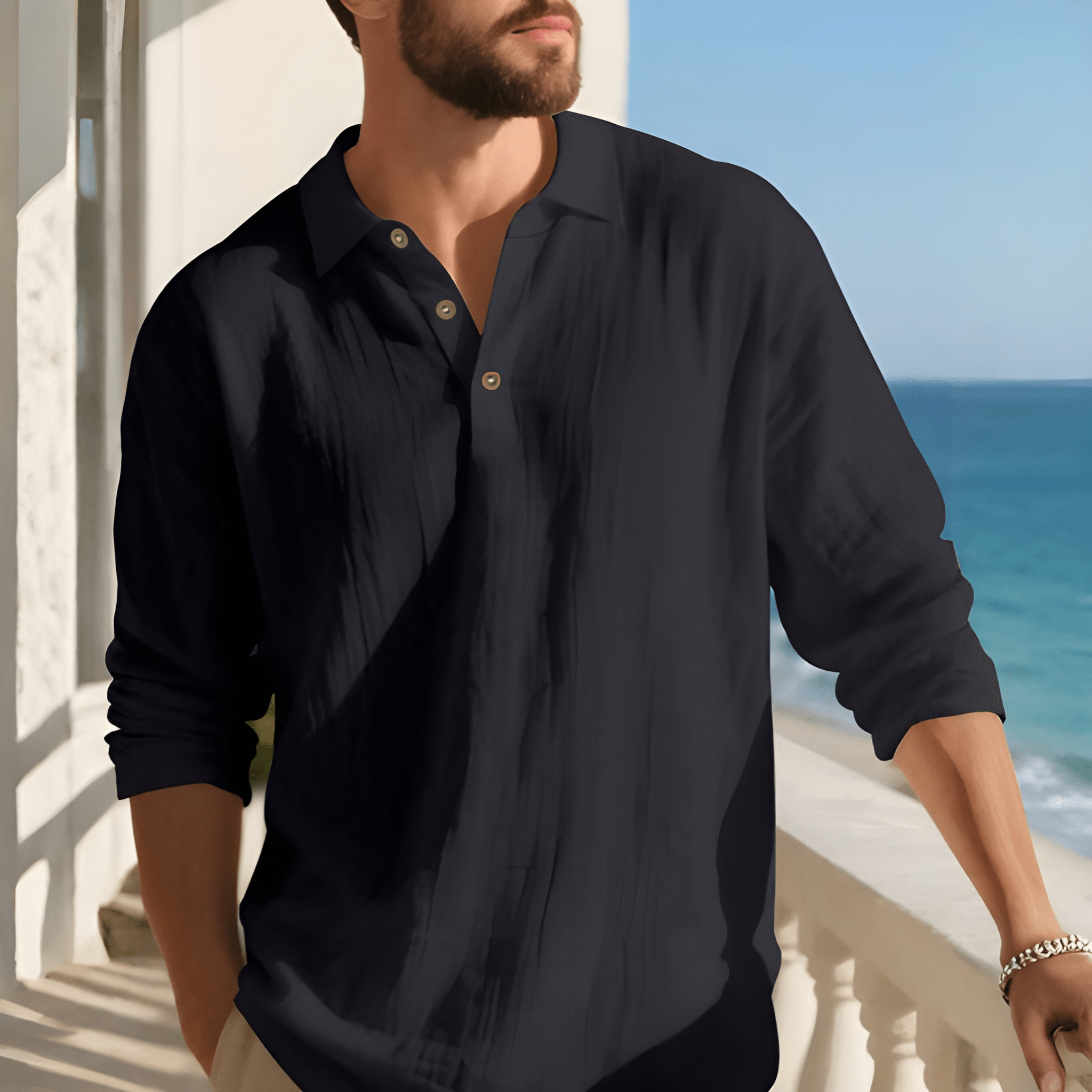 Lightweight Loose Fit Half Placket Long Sleeve Polo Shirt For Men