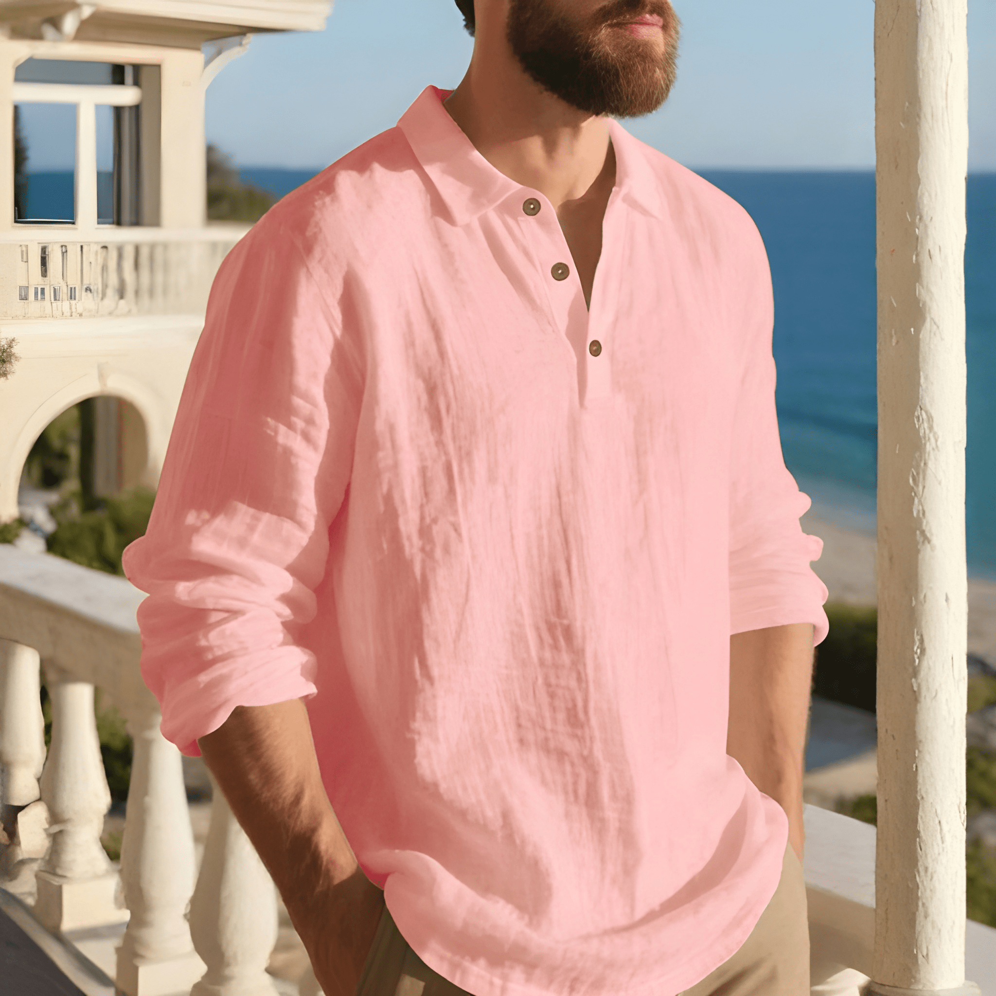 Lightweight Loose Fit Half Placket Long Sleeve Polo Shirt For Men