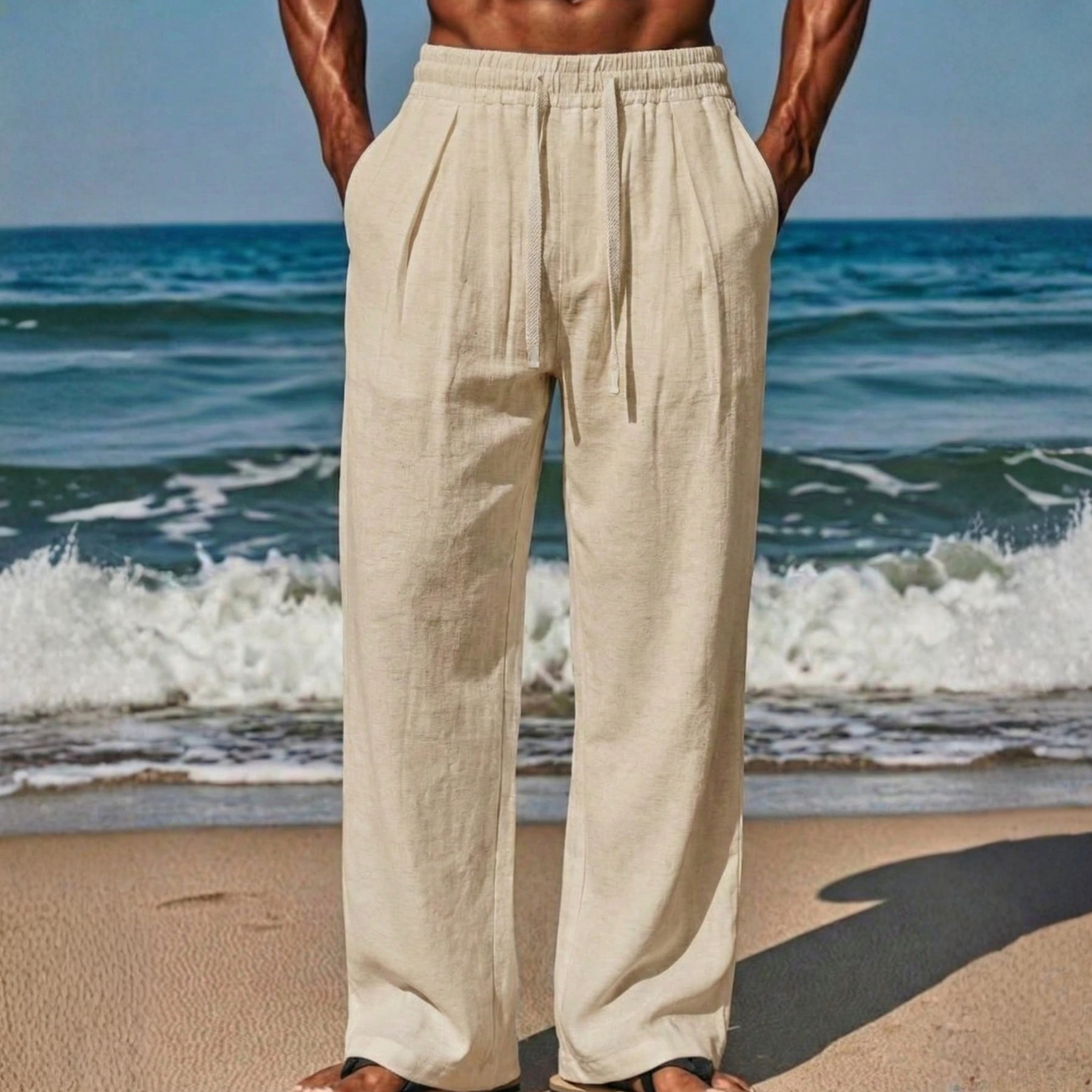 Linen Drawstring Straight Pants For Men