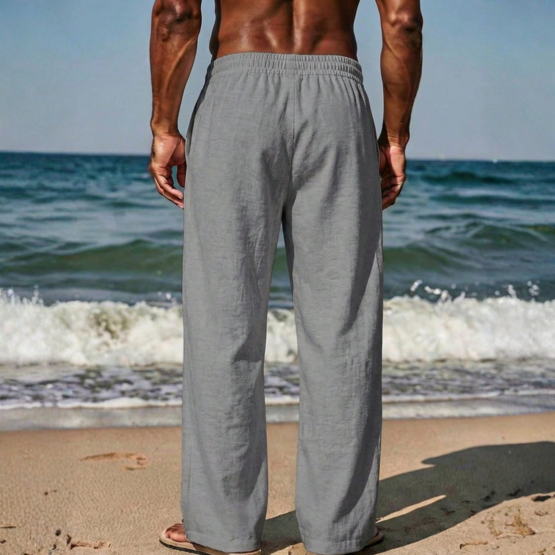 Linen Drawstring Straight Pants For Men