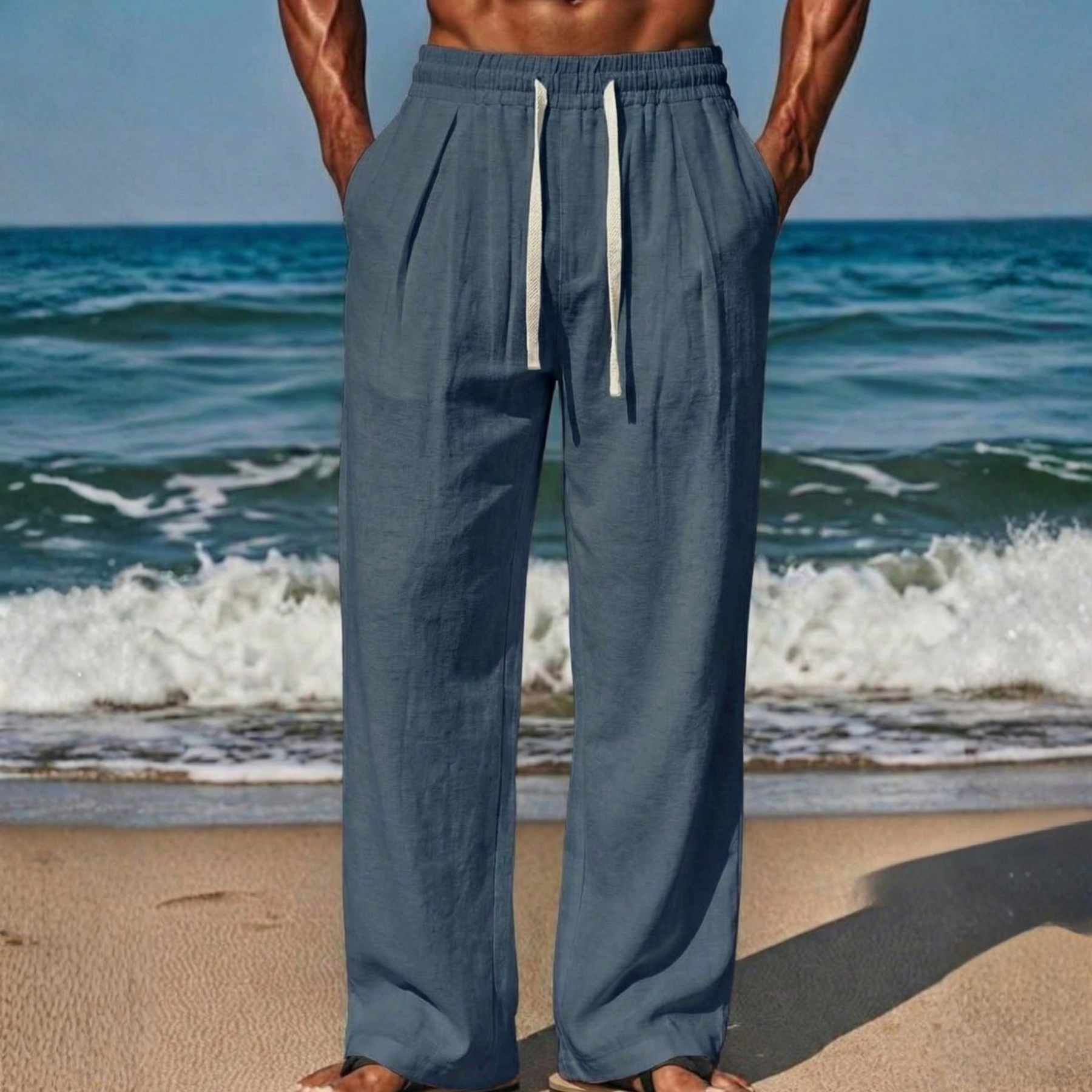 Linen Drawstring Straight Pants For Men