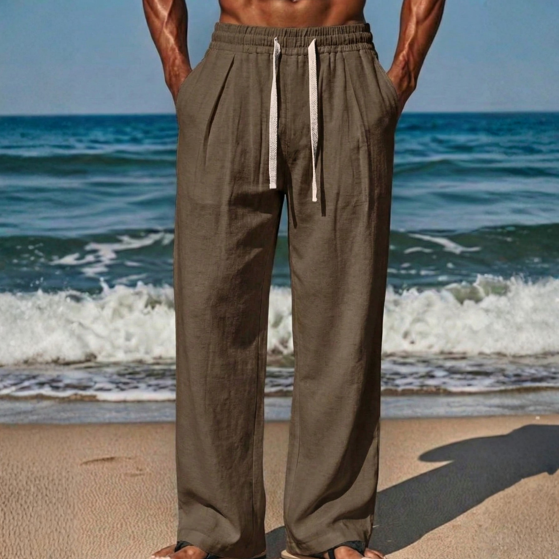 Linen Drawstring Straight Pants For Men
