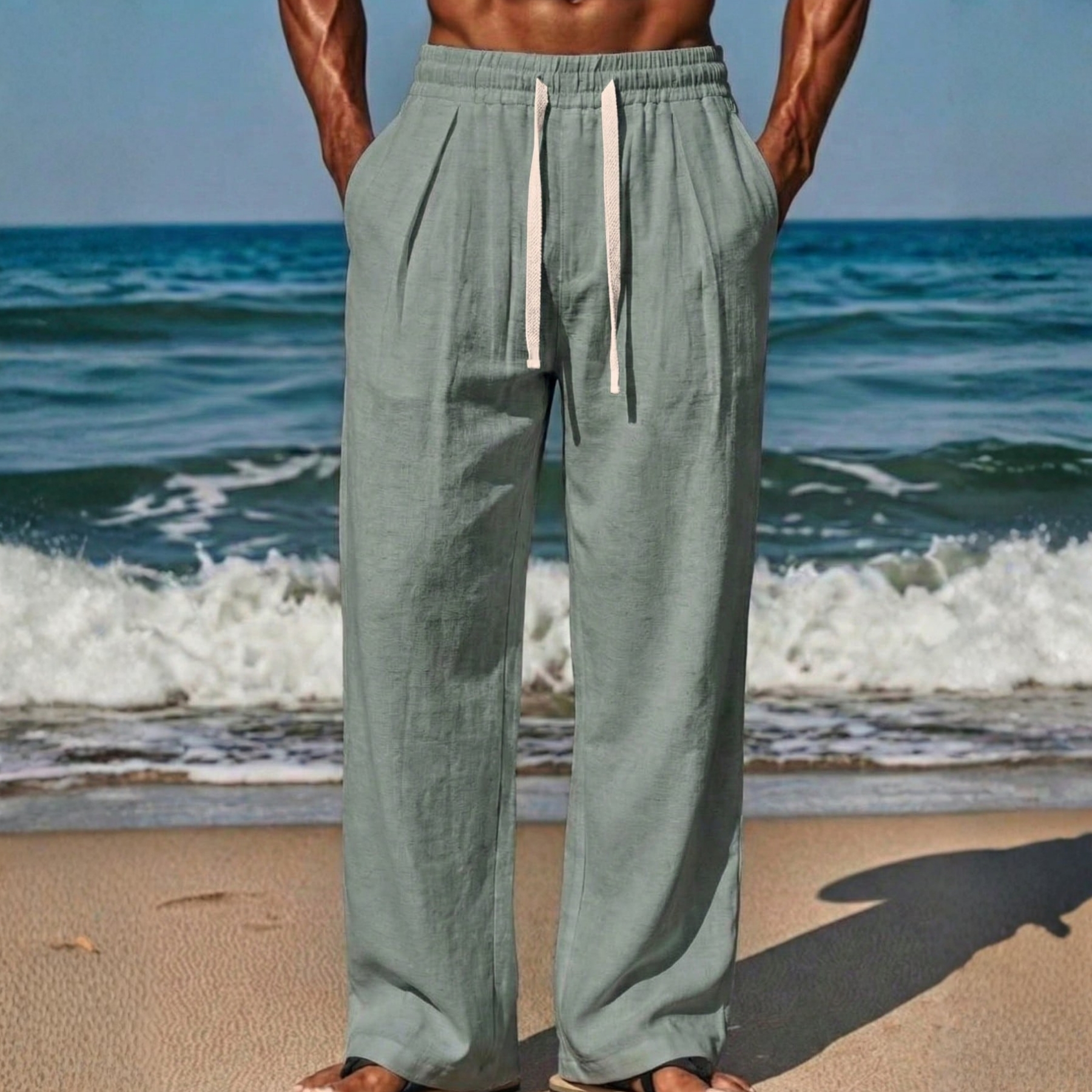 Linen Drawstring Straight Pants For Men