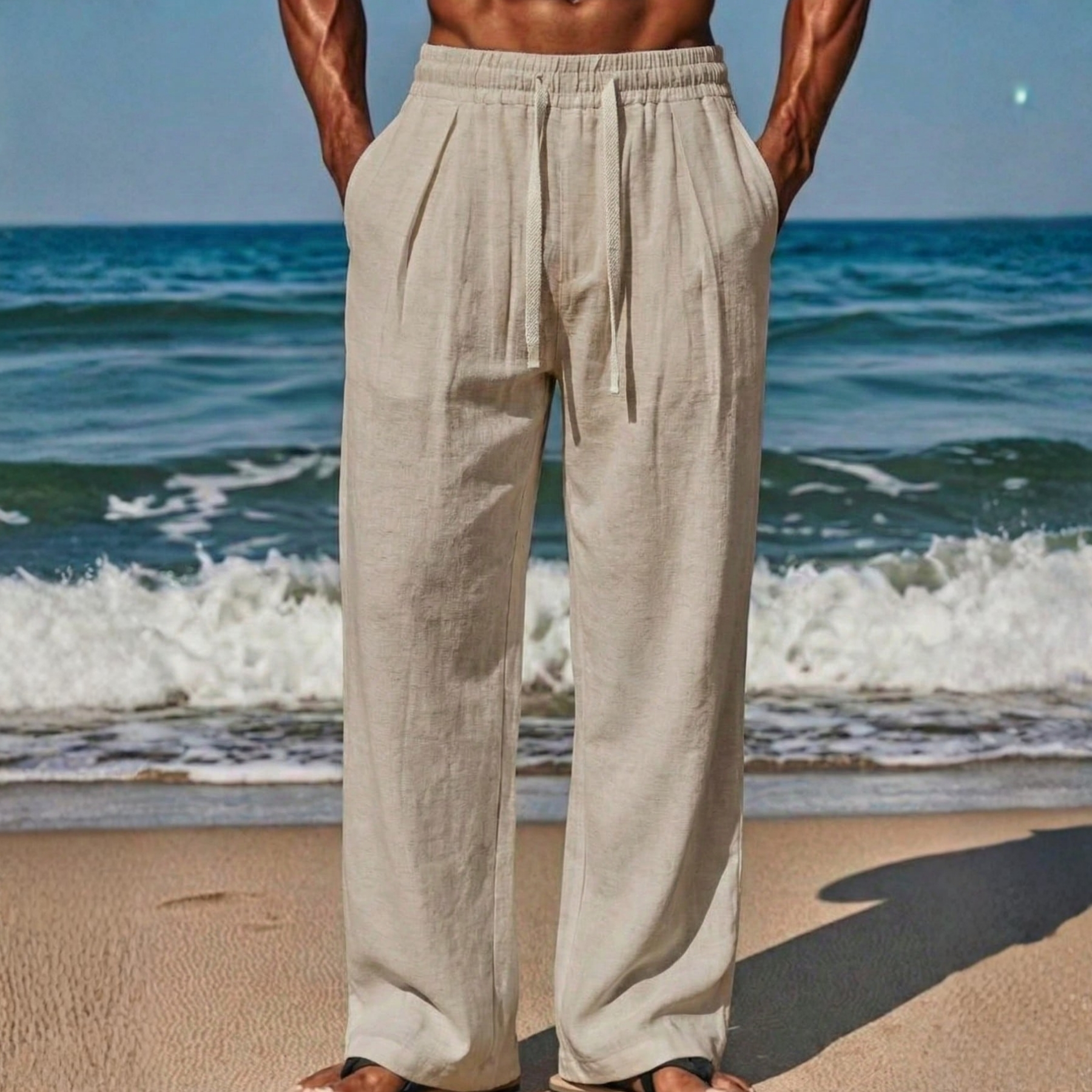 Linen Drawstring Straight Pants For Men