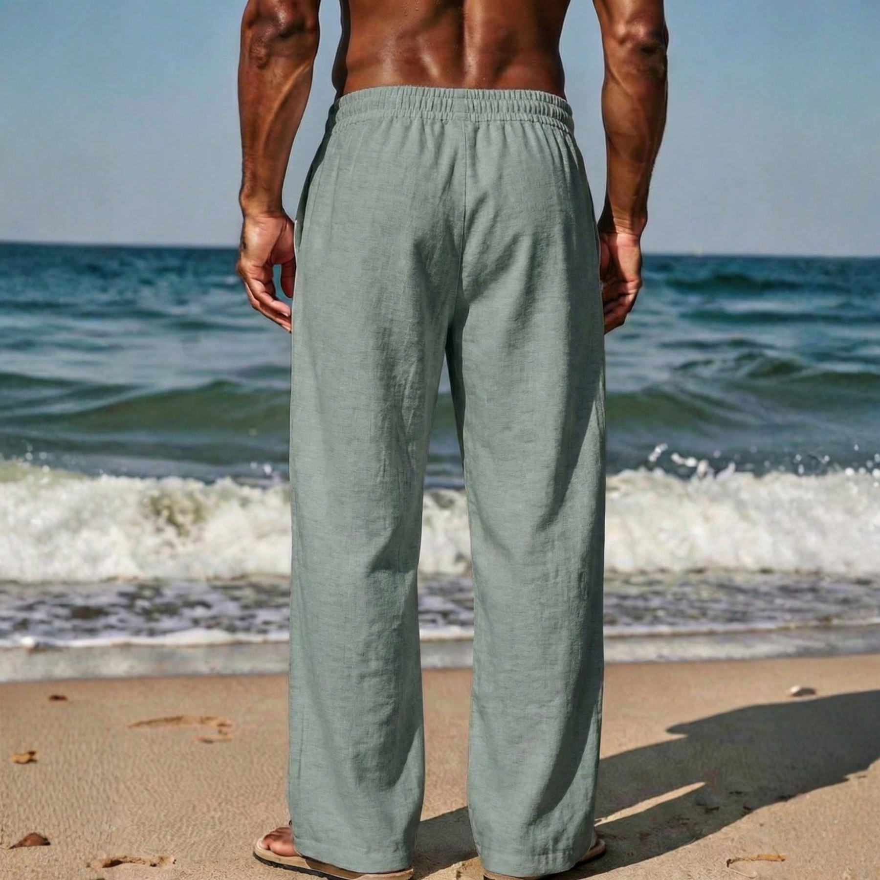 Linen Drawstring Straight Pants For Men
