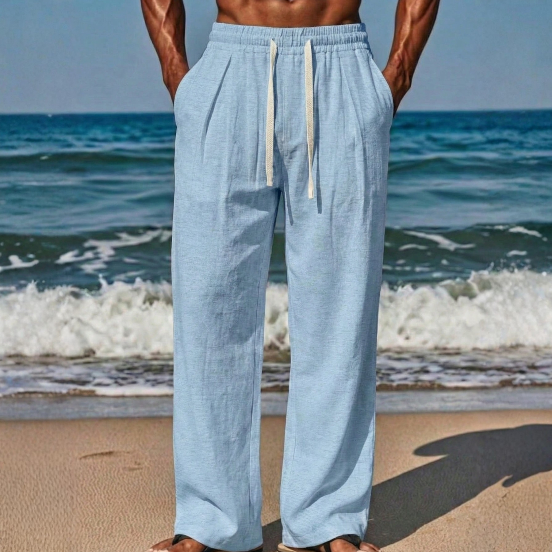 Linen Drawstring Straight Pants For Men