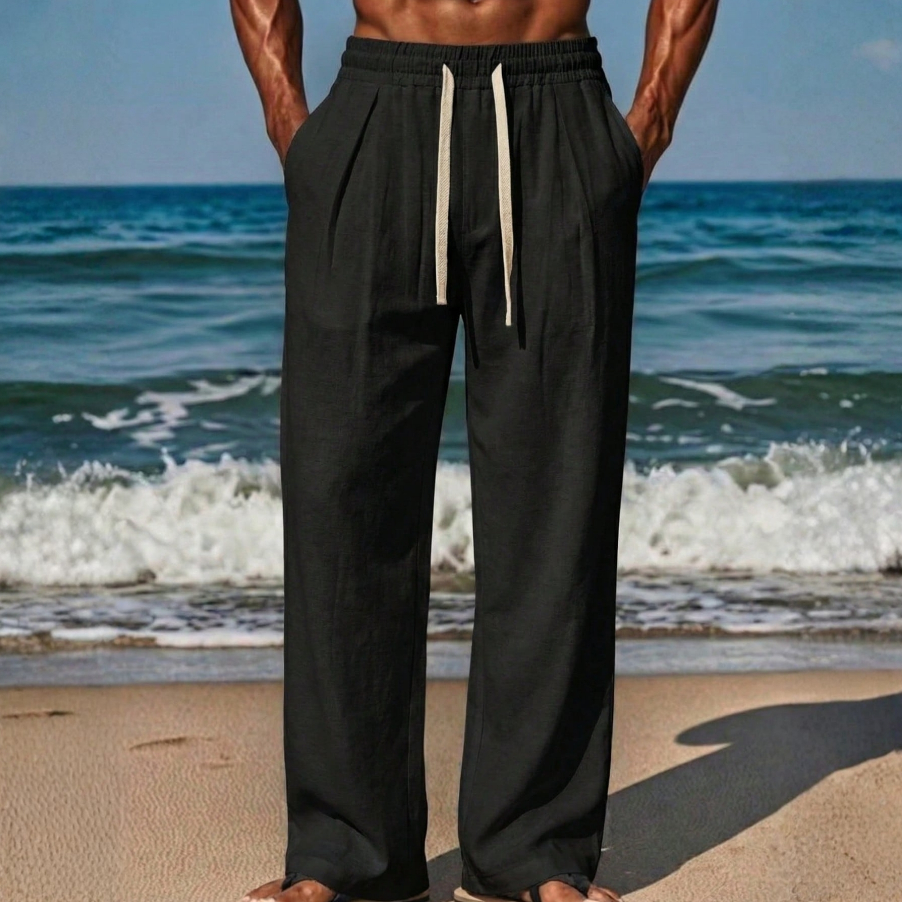 Linen Drawstring Straight Pants For Men