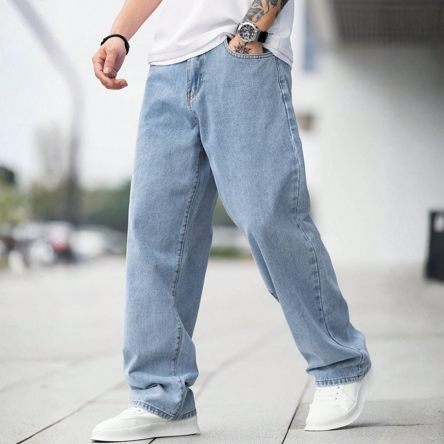 Loose Baggy Cotton Denim Jeans With Slant Pockets For Men