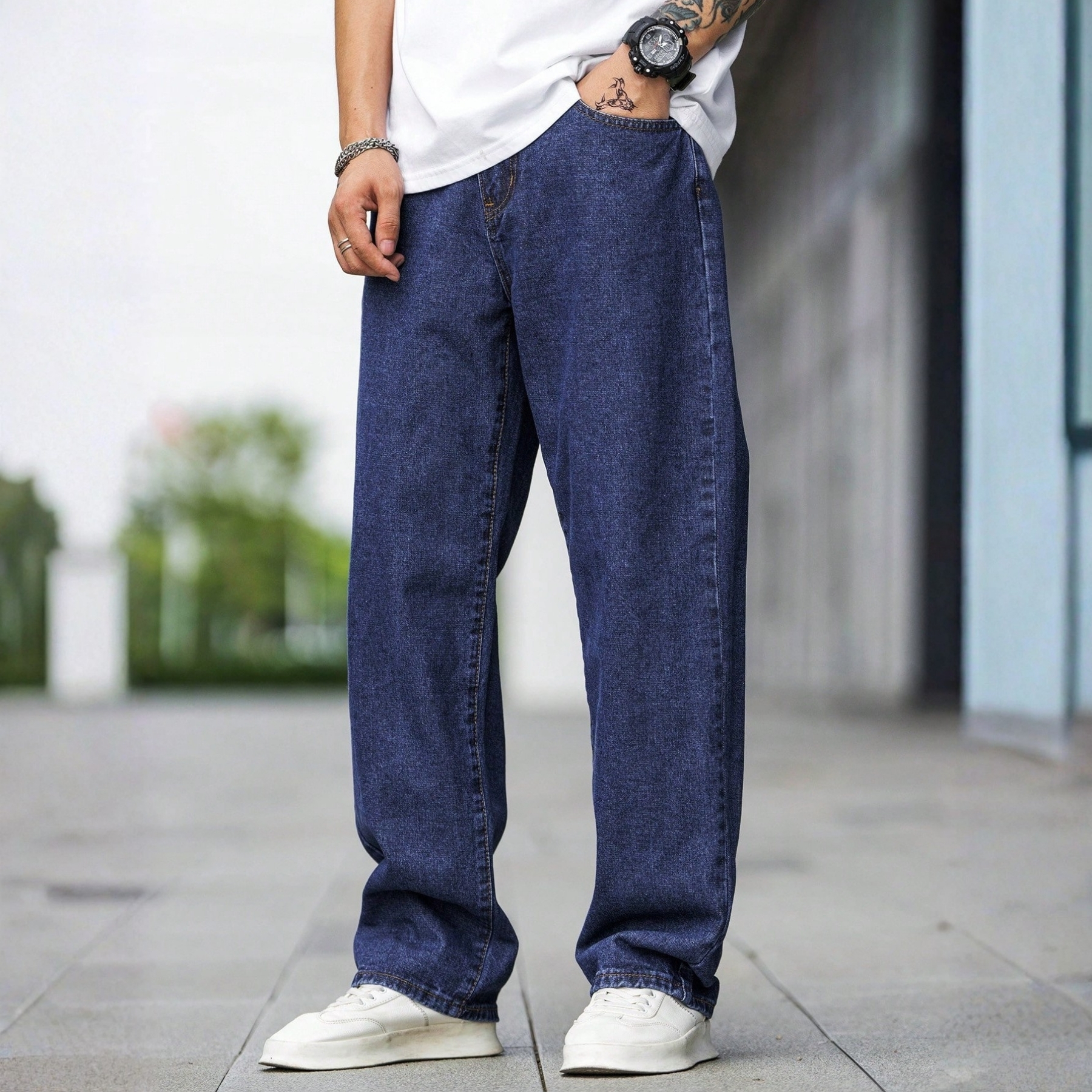 Loose Baggy Cotton Denim Jeans With Slant Pockets For Men