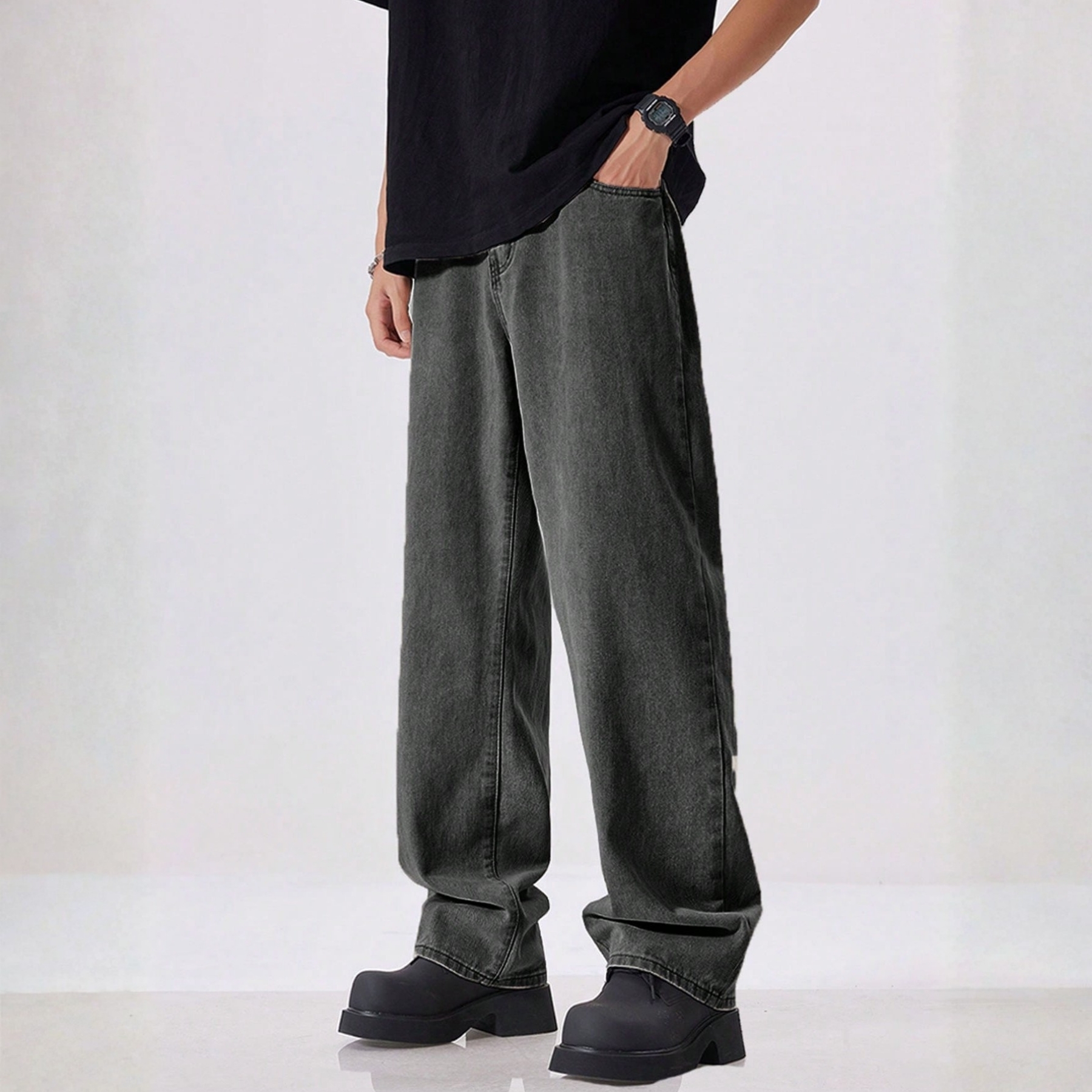 Loose Baggy Cotton Denim Jeans With Slant Pockets For Men
