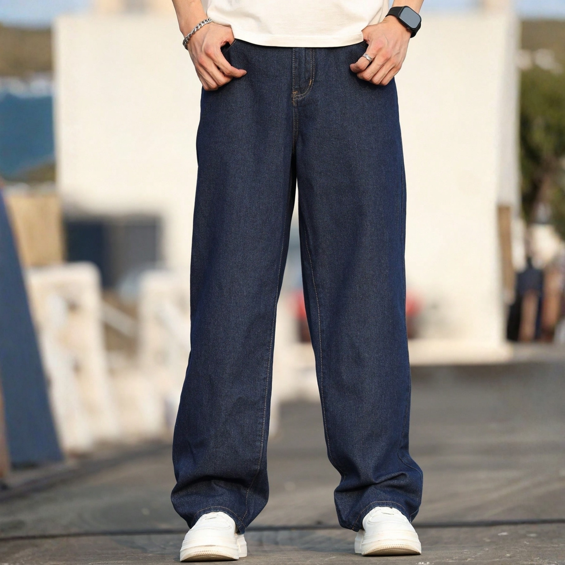 Loose Baggy Cotton Denim Jeans With Slant Pockets For Men