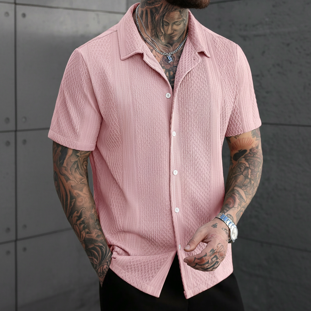 Solid Color Jacquard Knit Short Sleeve Button Front Shirt For Men