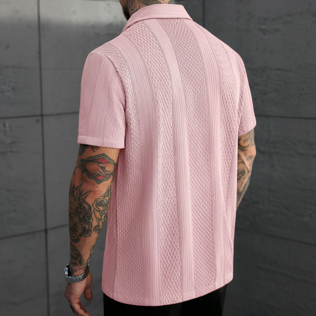 Solid Color Jacquard Knit Short Sleeve Button Front Shirt For Men