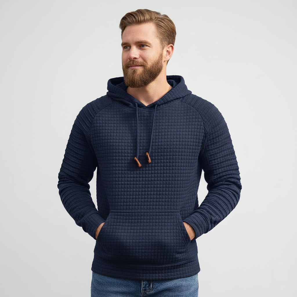 Men Long Sleeve Waffle Knit Pullover Hoodie with Kangaroo Pocket
