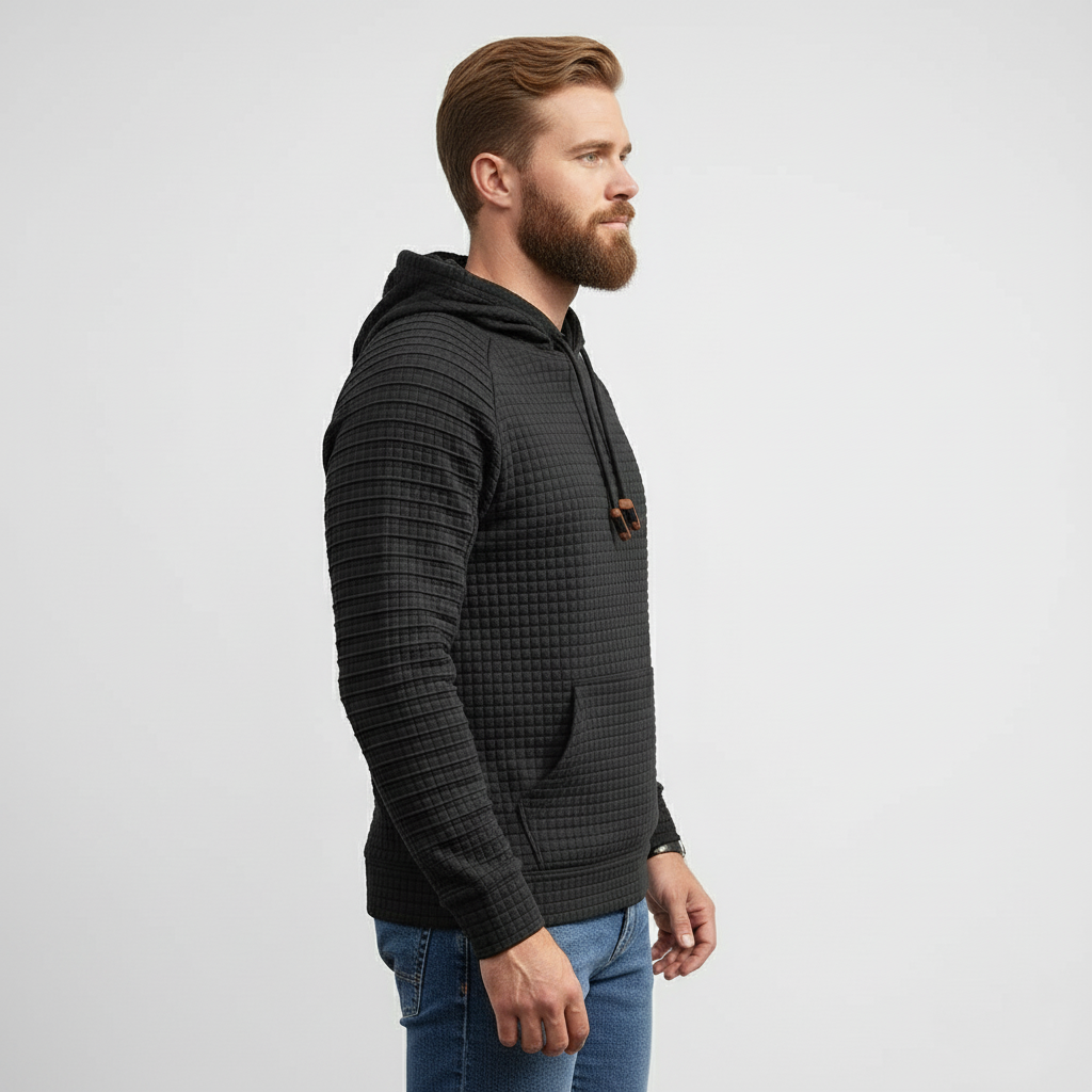 Men Long Sleeve Waffle Knit Pullover Hoodie with Kangaroo Pocket
