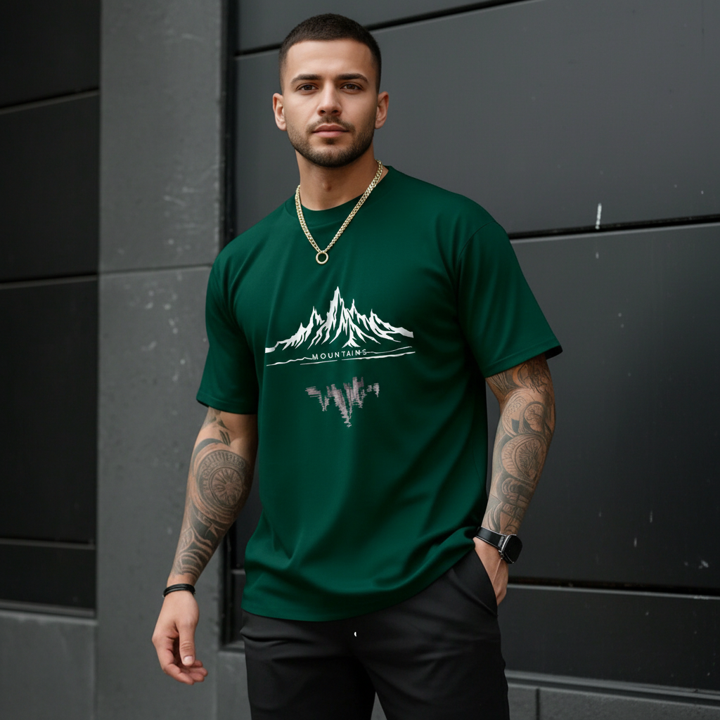 Stylized Mountain Print Lightweight Short Sleeve T Shirt For Men