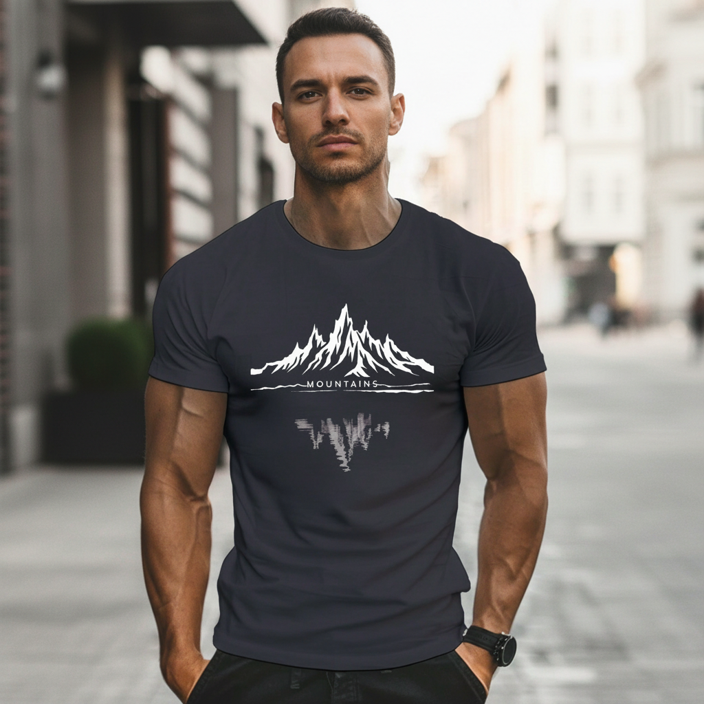 Stylized Mountain Print Lightweight Short Sleeve T Shirt For Men