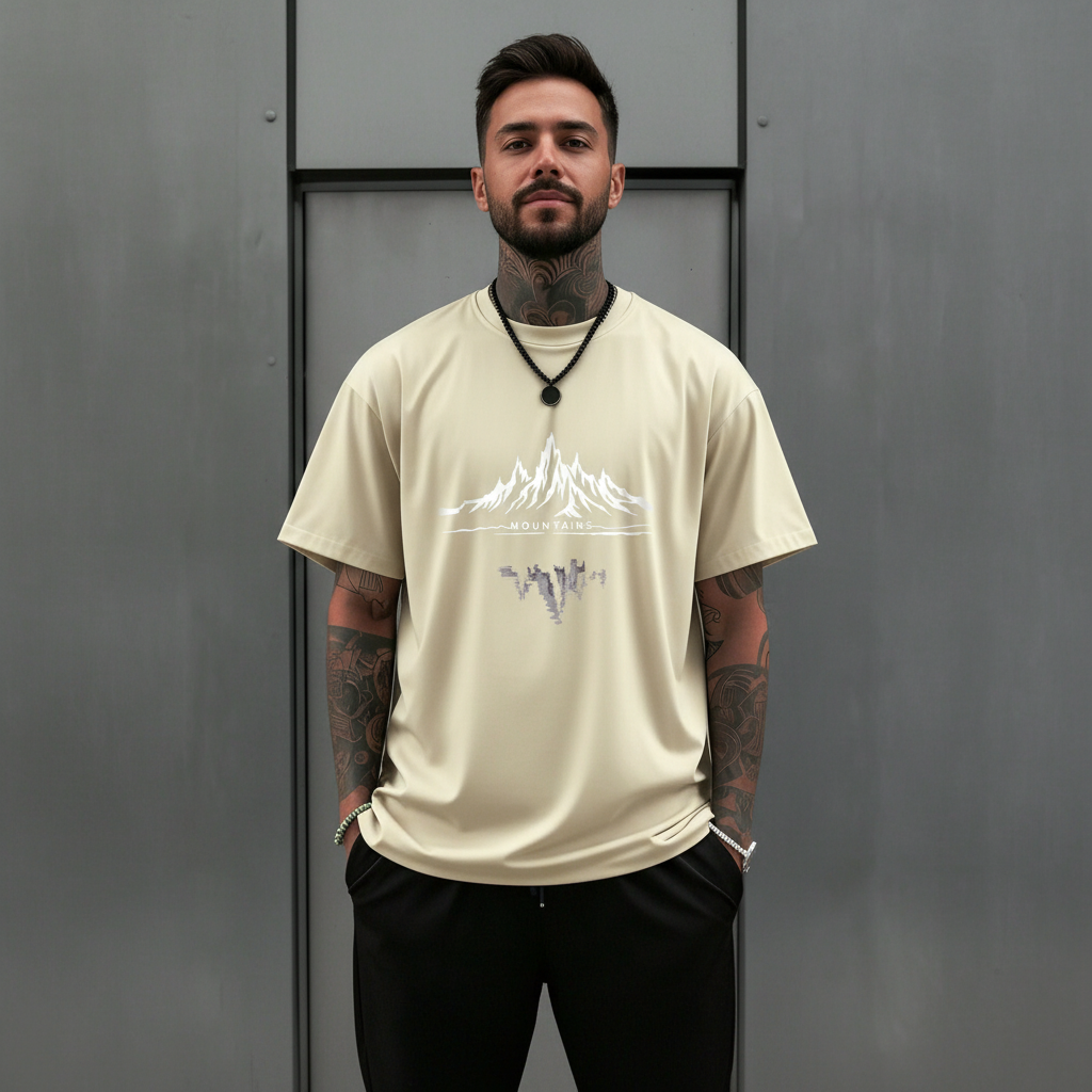 Stylized Mountain Print Lightweight Short Sleeve T Shirt For Men