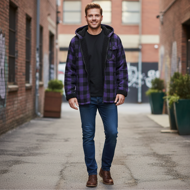 Men Flannel Plaid Jacket Warm Sherpa Lined Fleece Hoodies for Men Zip Up Thick Jackets Winter Coat with Pocket
