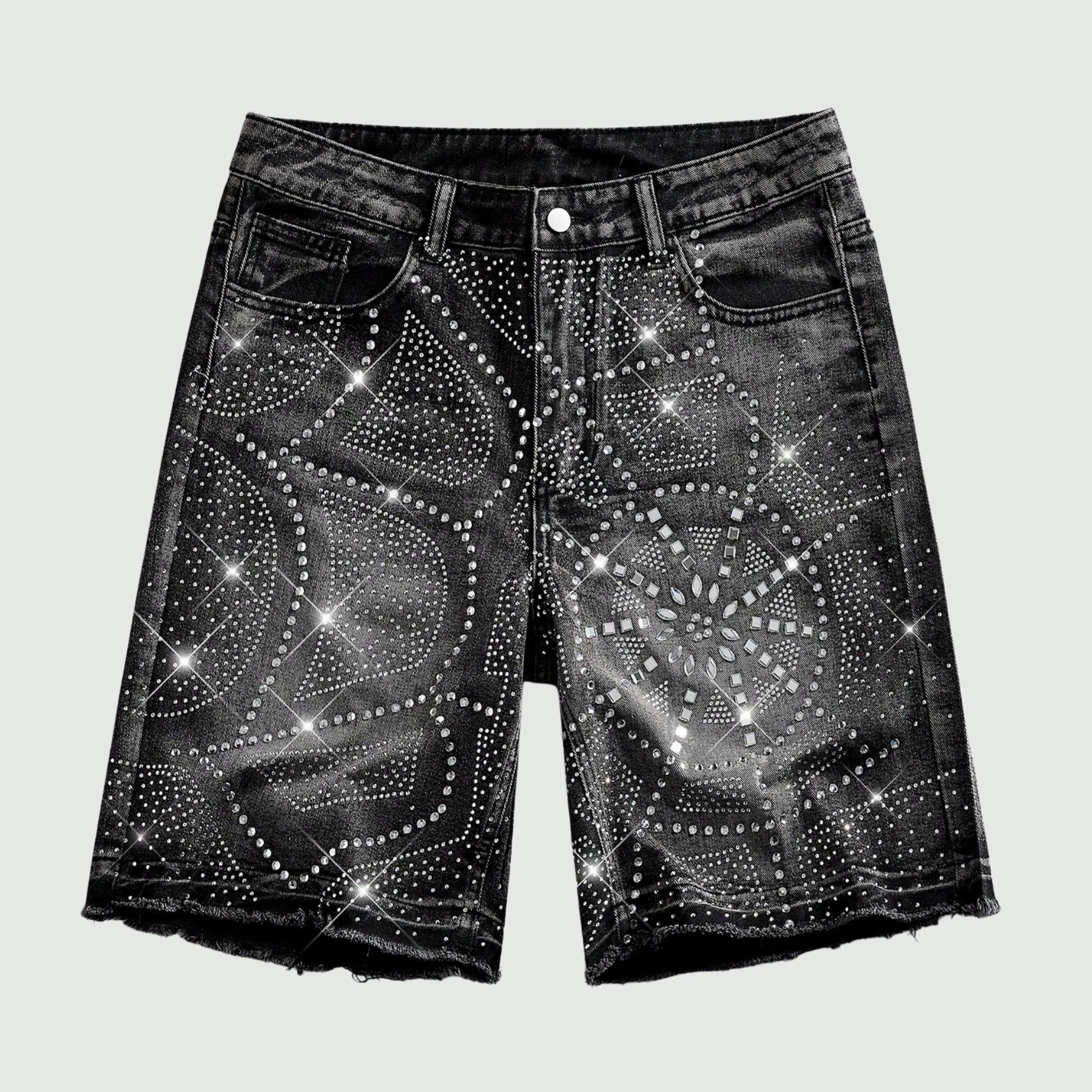 Rhinestone Denim Shorts With Raw Hem And Pockets For Men