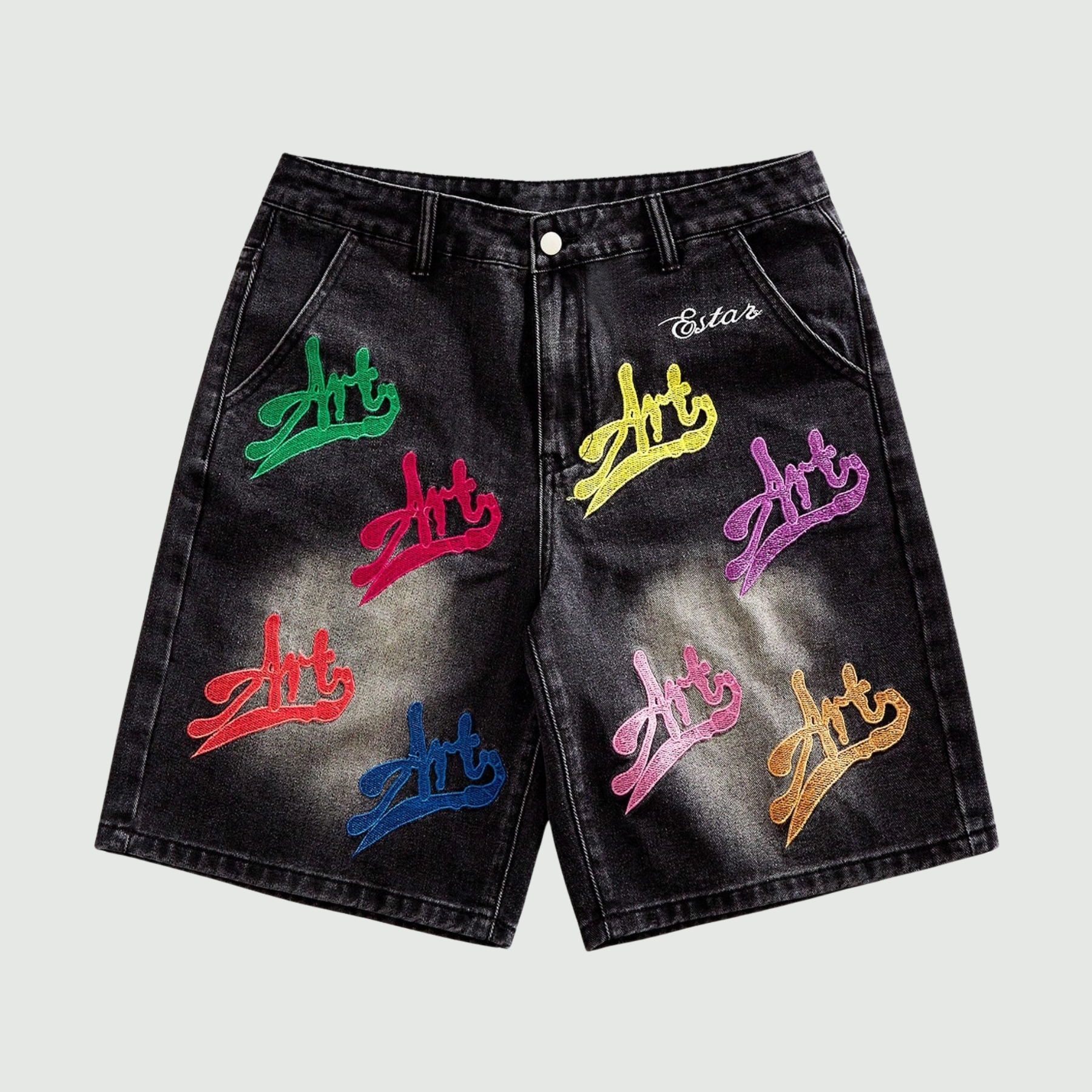 Rhinestone Denim Shorts With Raw Hem And Pockets For Men