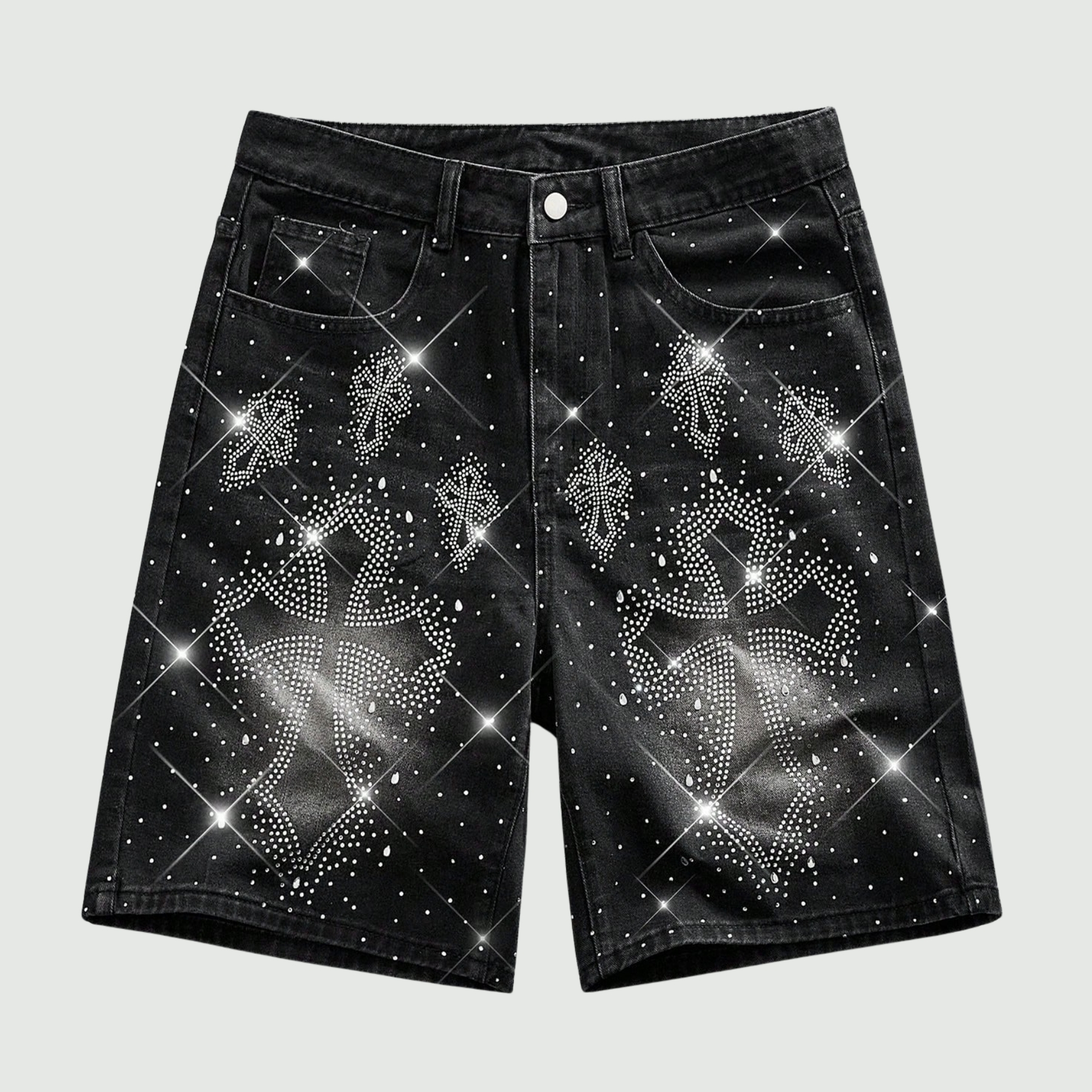 Rhinestone Denim Shorts With Raw Hem And Pockets For Men