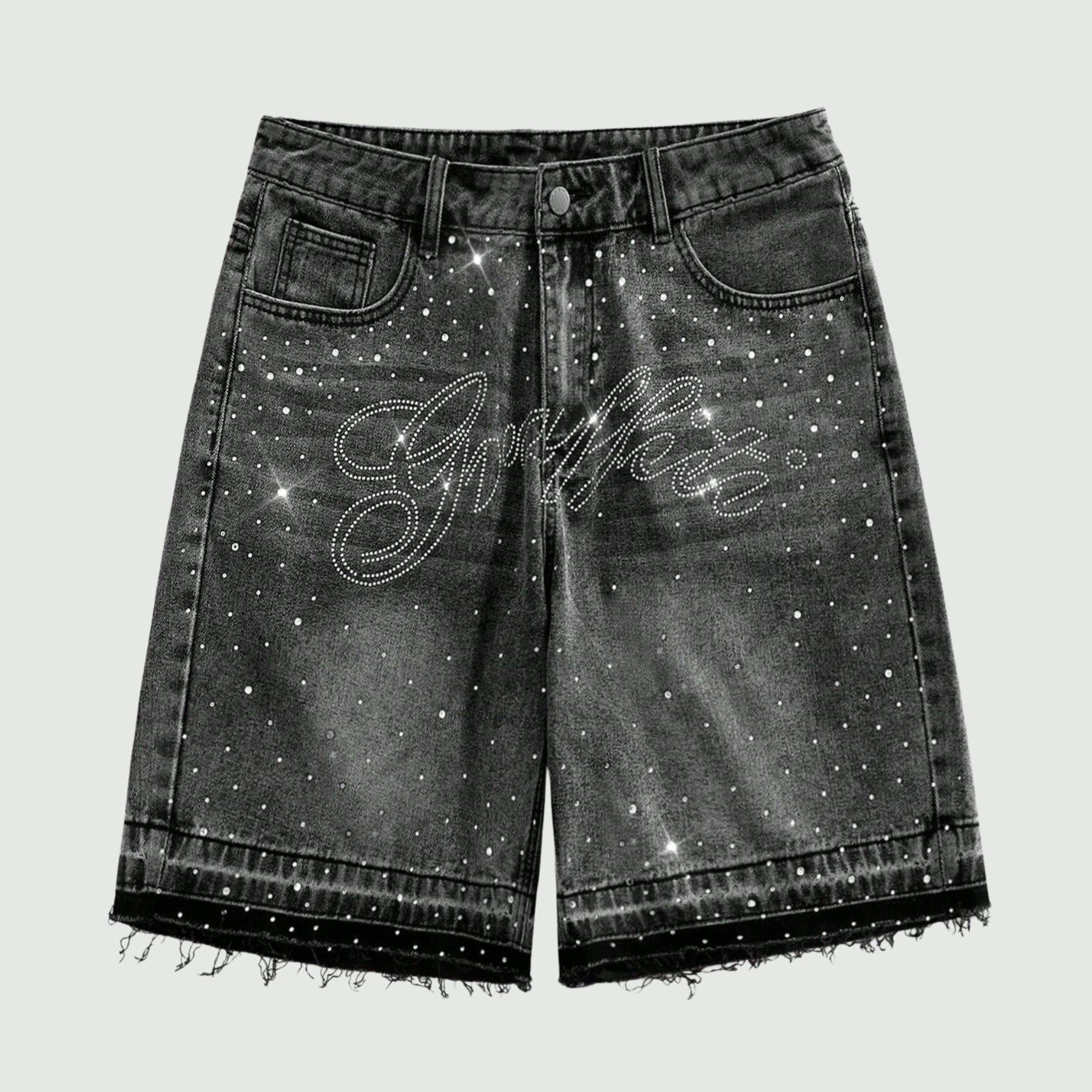 Rhinestone Denim Shorts With Raw Hem And Pockets For Men