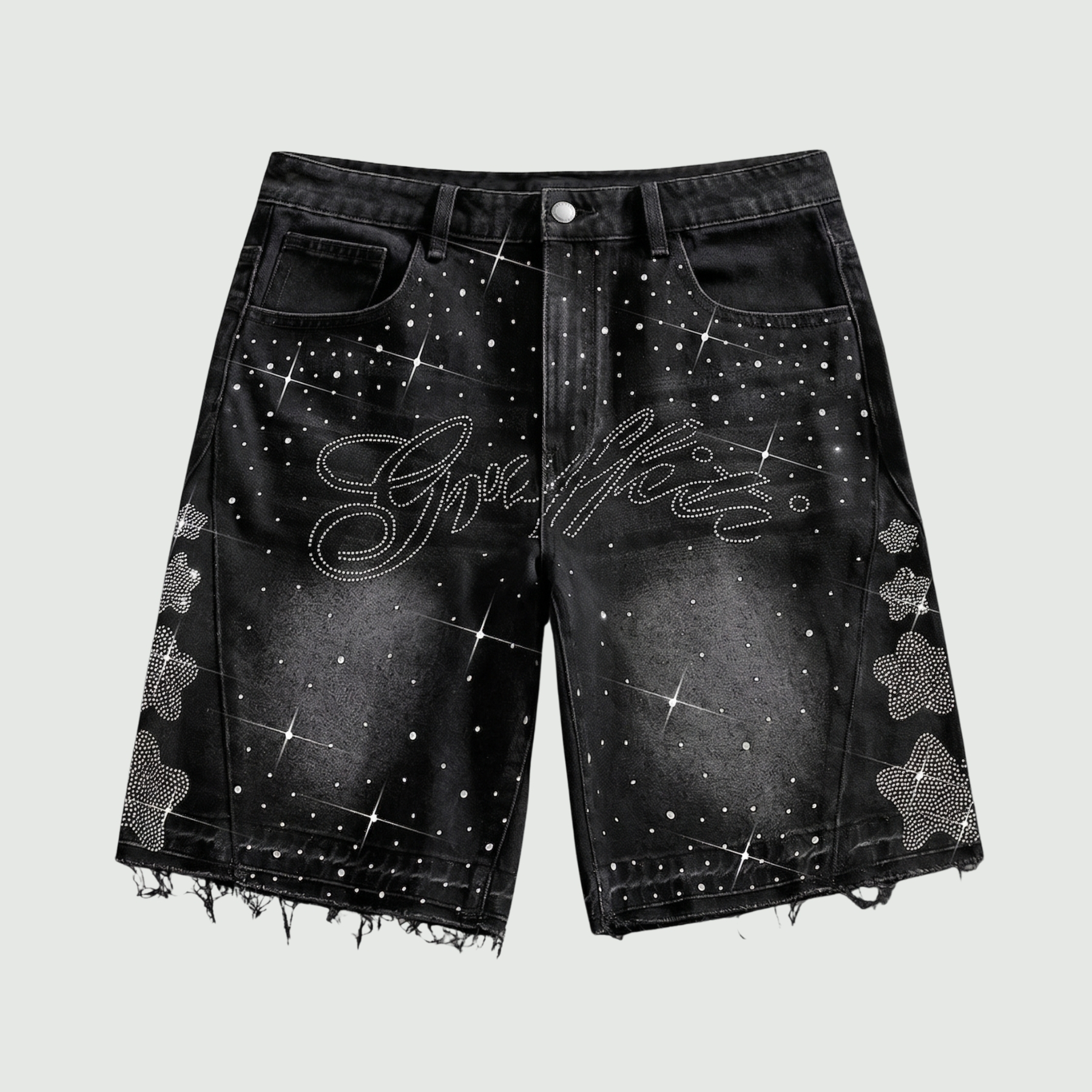 Rhinestone Denim Shorts With Raw Hem And Pockets For Men
