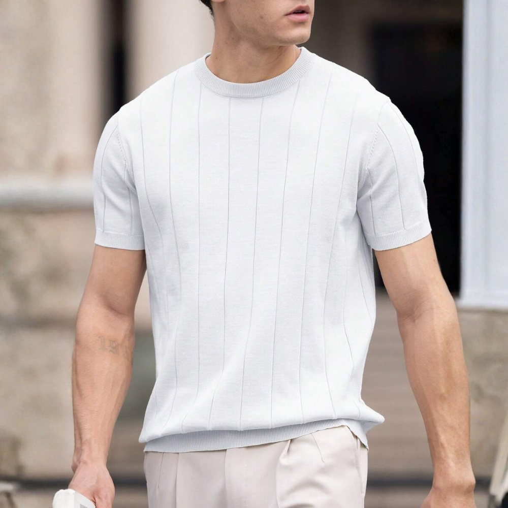 Short Sleeve Solid Knit Vertical Striped Top For Men