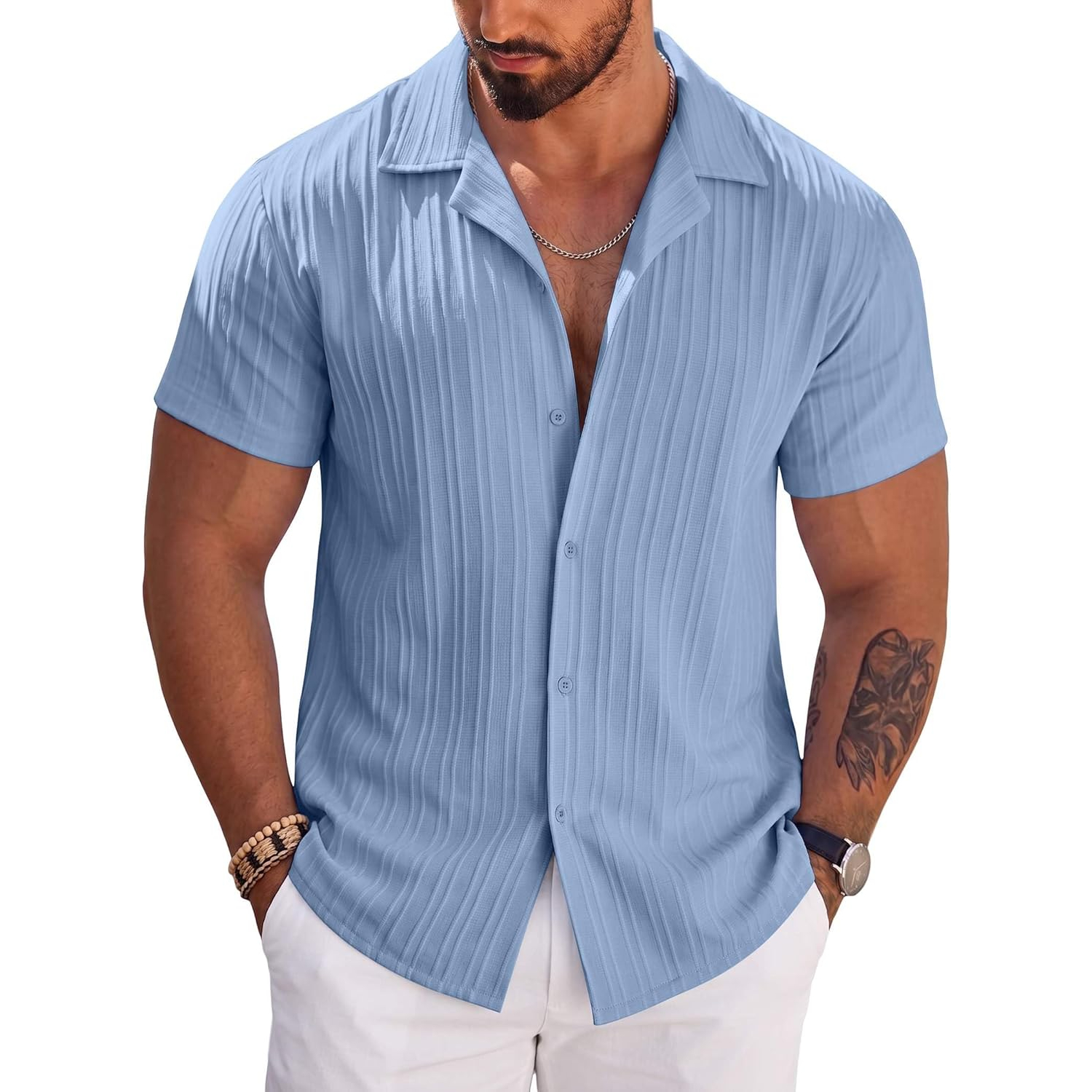 Short Sleeve Button Down Beach Wear Casual Textured Shirt 