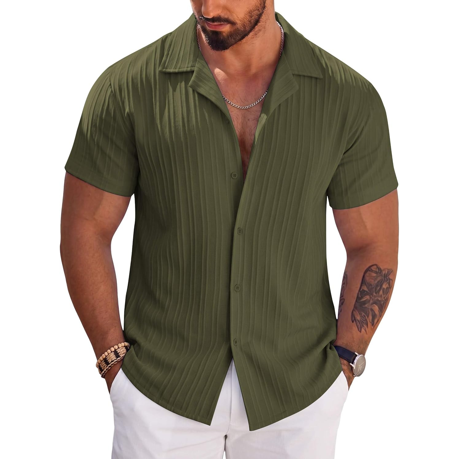 Short Sleeve Button Down Beach Wear Casual Textured Shirt 