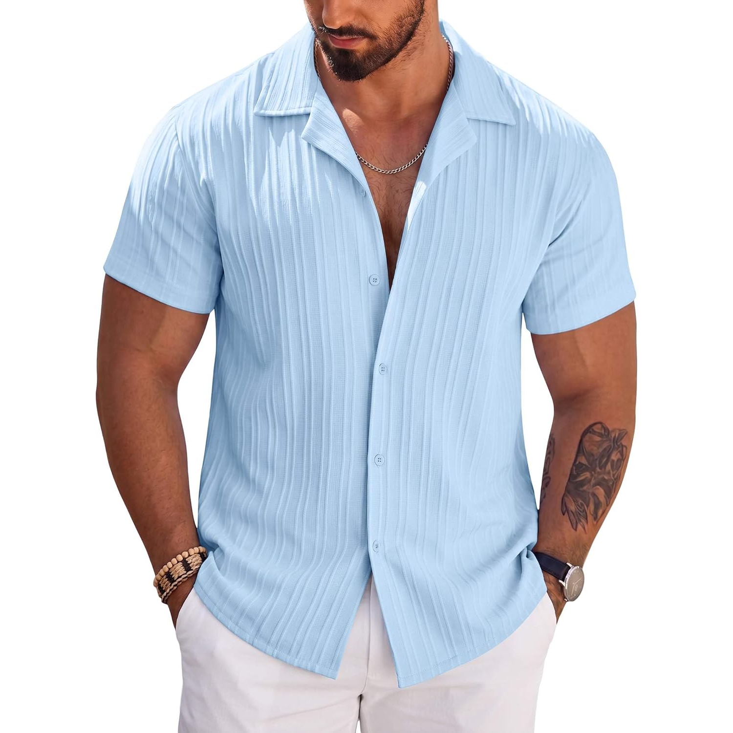 Short Sleeve Button Down Beach Wear Casual Textured Shirt 