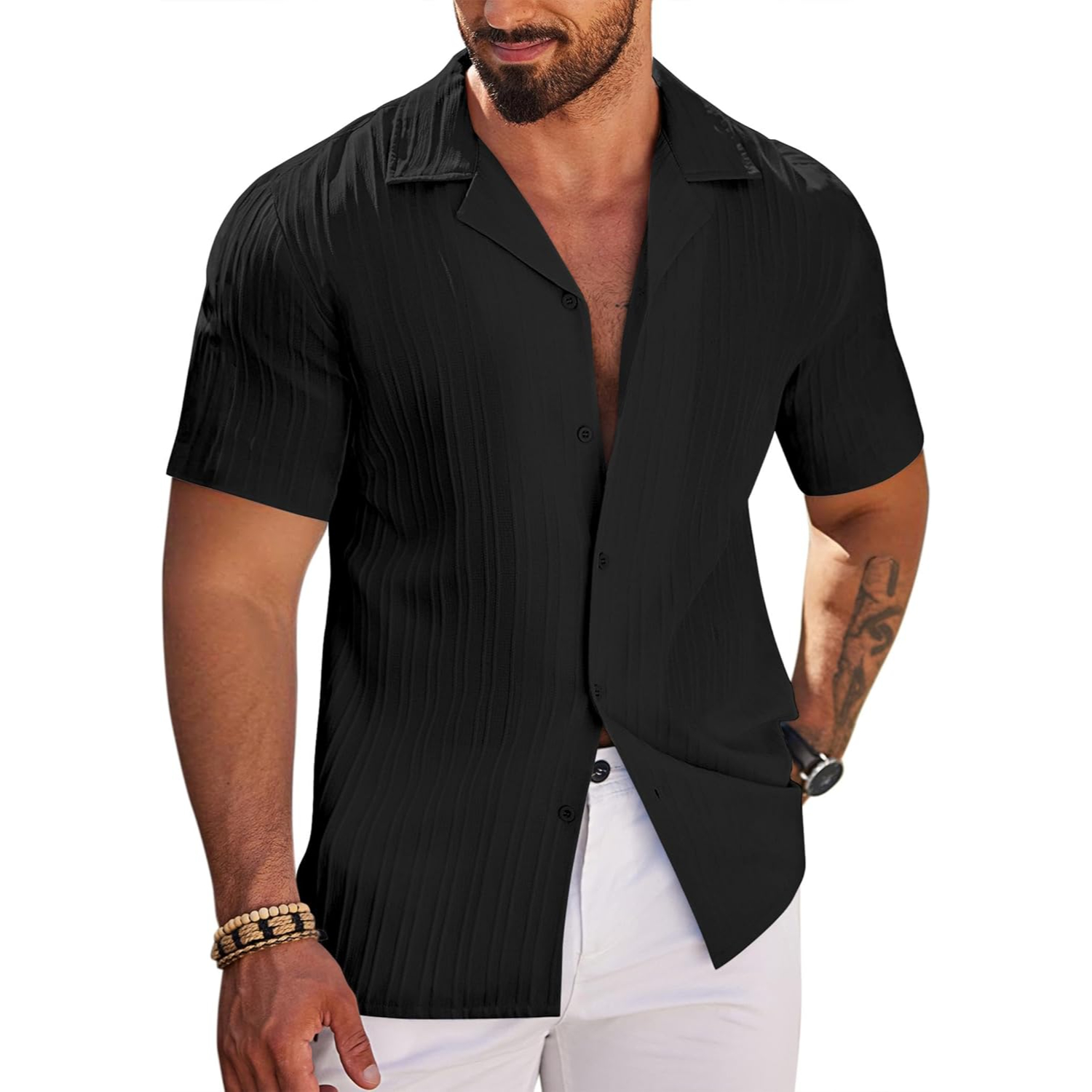 Short Sleeve Button Down Beach Wear Casual Textured Shirt 