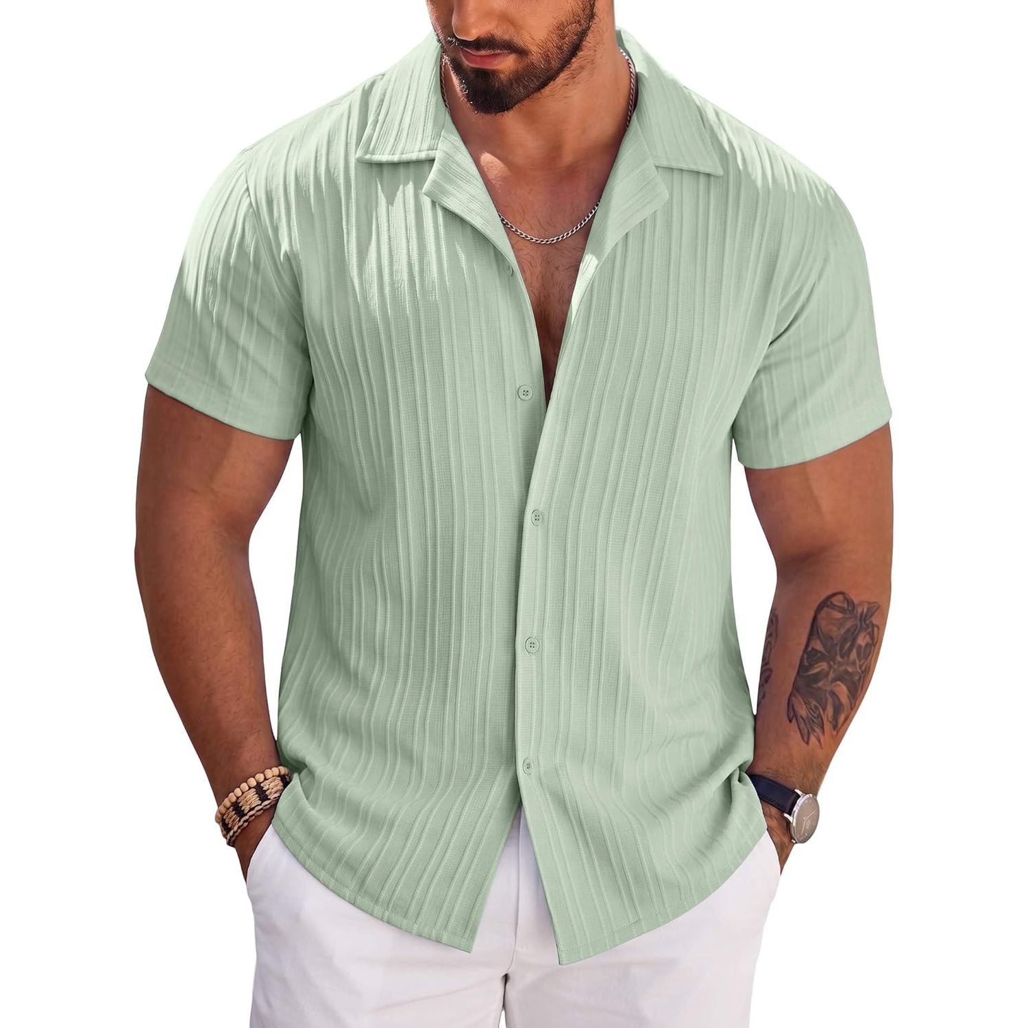 Short Sleeve Button Down Beach Wear Casual Textured Shirt 