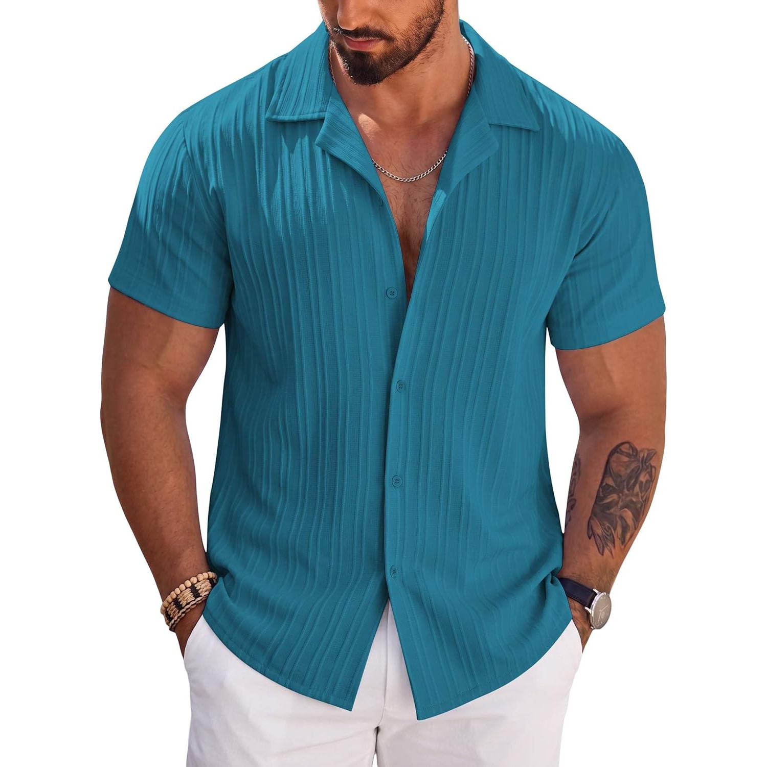 Short Sleeve Button Down Beach Wear Casual Textured Shirt 