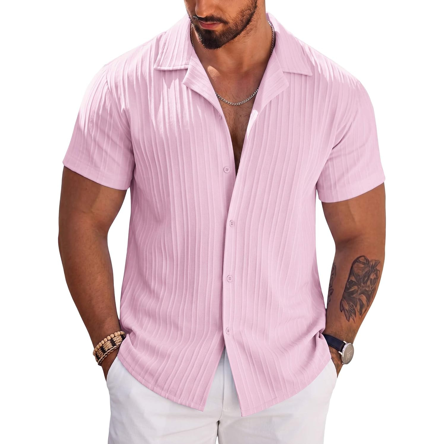 Short Sleeve Button Down Beach Wear Casual Textured Shirt 